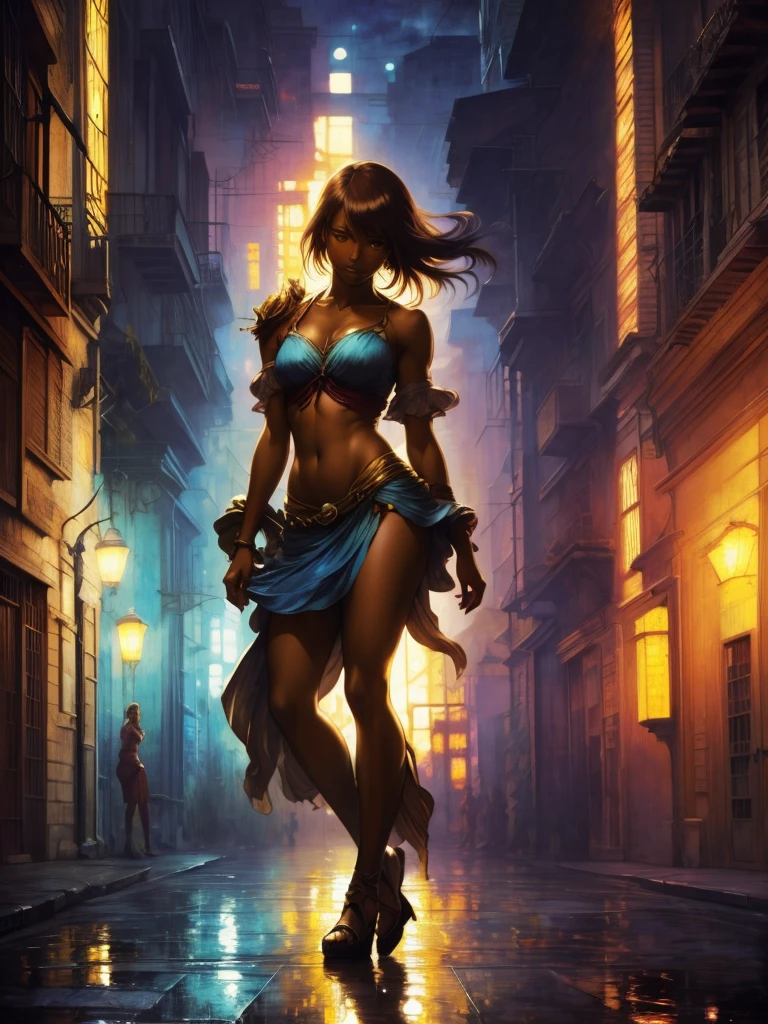 ((Solo full body Beautiful Carribean woman with dark skin and striking eyes)),  shadowed interior background, art by akihiko yoshida, manga art style, colorfield illustration, scary atmosphere, global illumination, by frank frazetta, art by goro fujita, glamor shot, banner, blur, anime key visual, (blue, yellow and gray colors), photorealistic dramatic anime girl, intricately detailed, chiaroscuro, pino daeni, impressionist (best quality, masterpiece)