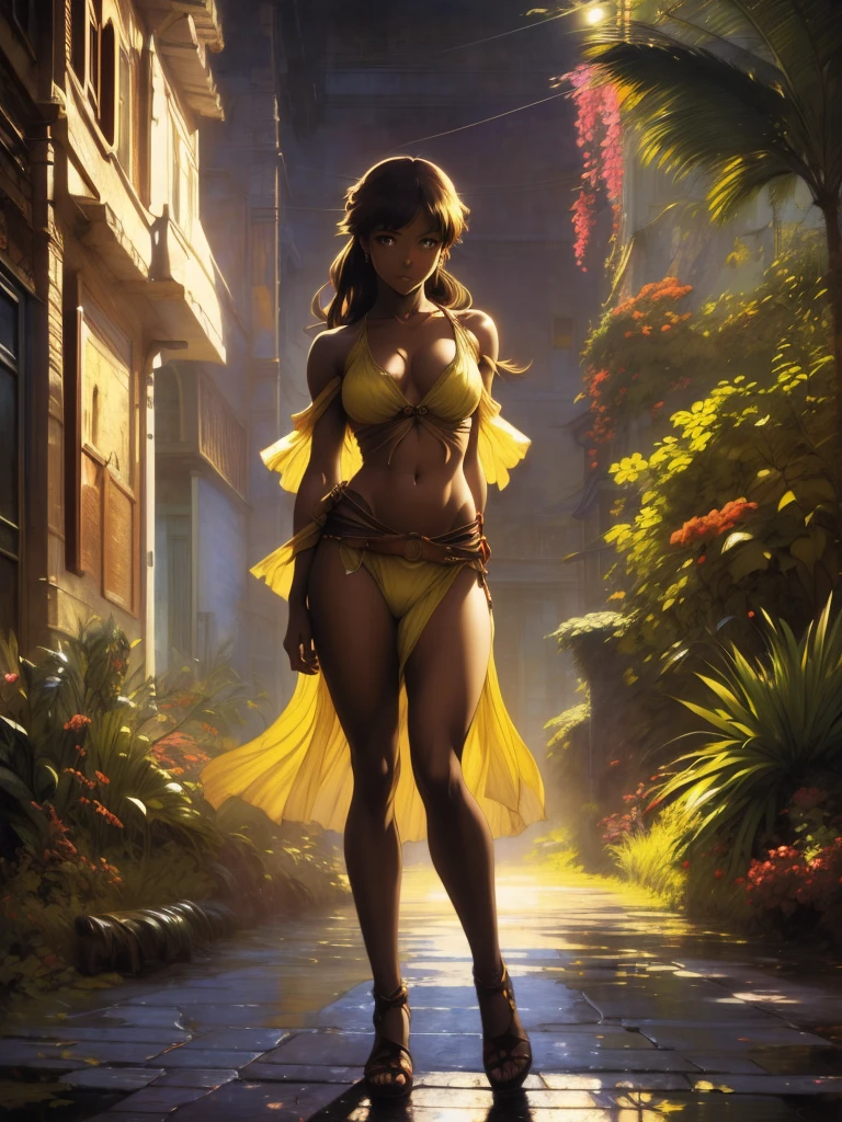 ((Solo full body Beautiful Carribean woman with dark skin and striking eyes)), shadowed interior background, art by akihiko yoshida, manga art style, colorfield illustration, scary atmosphere, global illumination, by frank frazetta, art by goro fujita, glamor shot, banner, blur, anime key visual, (blue, yellow and gray colors), photorealistic dramatic anime girl, intricately detailed, chiaroscuro, pino daeni, impressionist (best quality, masterpiece)