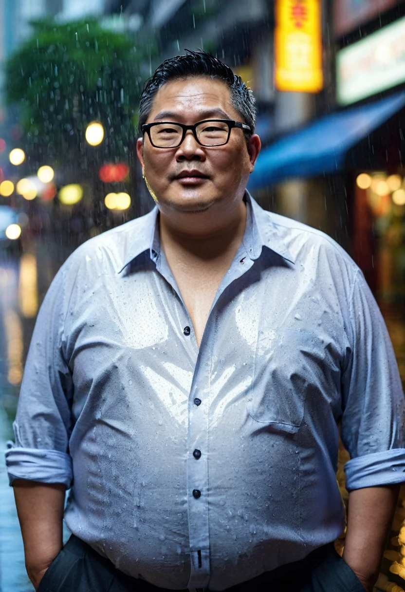 Man, Asian, Fat, Chubby, 60 year old, wearing glasses, shirtless, take off shirt, wearing a clear color raincoat, wet, stained, paint stained, working, painter, abandoned building, sharp picture, beautiful light.
