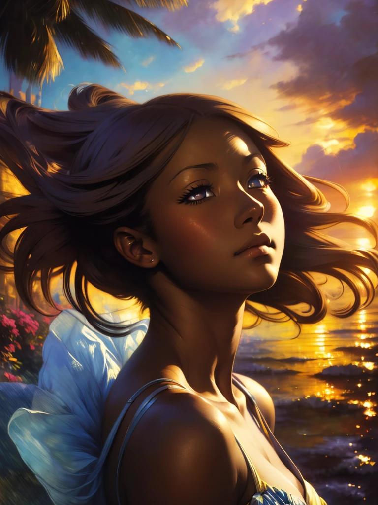 ((Solo half body Beautiful Carribean woman with dark skin and striking eyes)),  shadowed interior background, art by akihiko yoshida, manga art style, colorfield illustration, scary atmosphere, global illumination, by frank frazetta, art by goro fujita, glamor shot, banner, blur, anime key visual, (blue, yellow and gray colors), photorealistic dramatic anime girl, intricately detailed, chiaroscuro, pino daeni, impressionist (best quality, masterpiece)