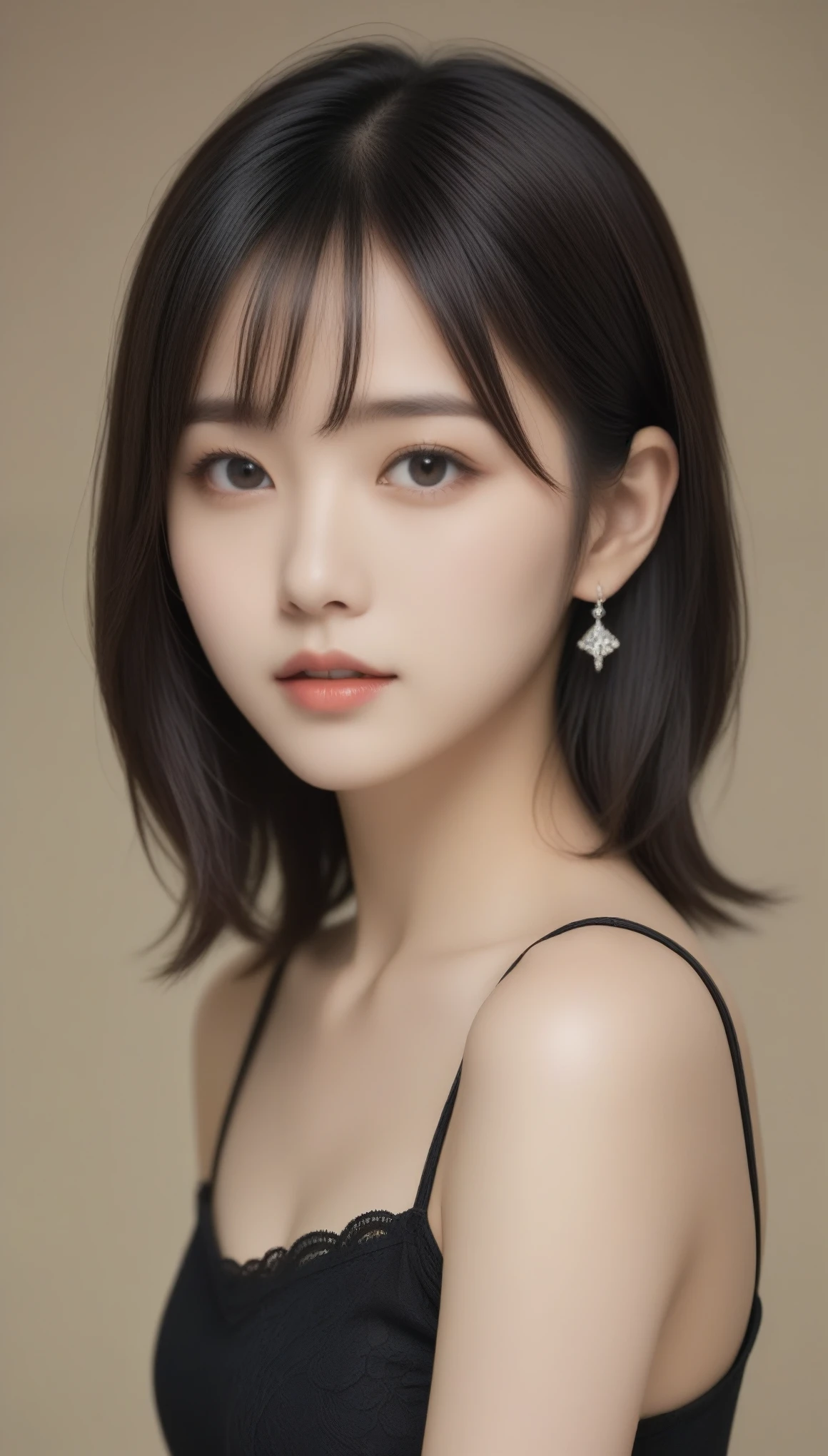 8k, Ultra-high resolution, Highest quality, masterpiece, 三分割法によるphotograph,Surreal, photograph, 1 Girl, (16 years old:1.3), pretty girl, Cute Face, Beautiful eyes in every detail, 細かくdetailedに,masterpiece,One Girl:1.2,Japanese female announcer,cowboy shot,Serious expression,Black short hair,Bob with bangs,Black Lace , , Look forward, Standing posture, Opposition, Dynamic Lighting, Sharp contours, Light from above, Low contrast, (Side view),Perfect and beautiful face ,完璧でCute Face, Skin with attention to detail, Perfect limbs、Narrow waist,Looking at the audience,(((Ideal body type))),A cup small breasts :2,Portraiture:2,Perfect ,鮮明なdetailed,detailed,Surreal,Light and shadow,glowing