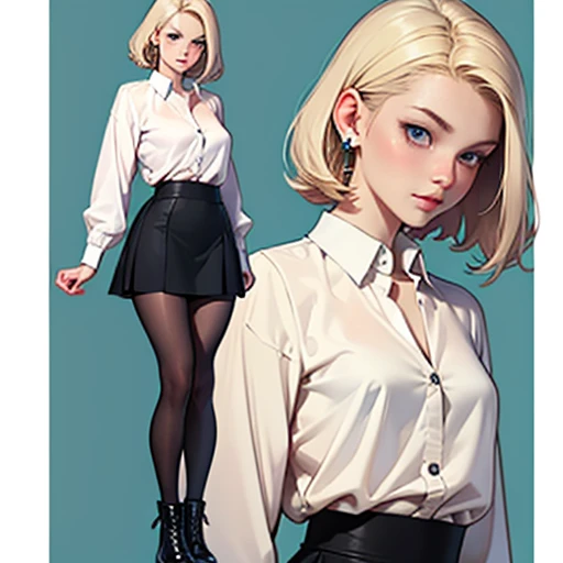 ((masterpiece)), (((best quality))), 1 female, pale white skin, very light blonde hair, medium hair, bob hair style, beautiful woman, blue eyes, simple earrings, blouse, skirt, leggings, small breasts, full body view, standing straight, detailed face, highest quality, highly detailed, original, high resolution CG Unit 8k wallpaper, (best quality, artwork, masterpiece, 4k)