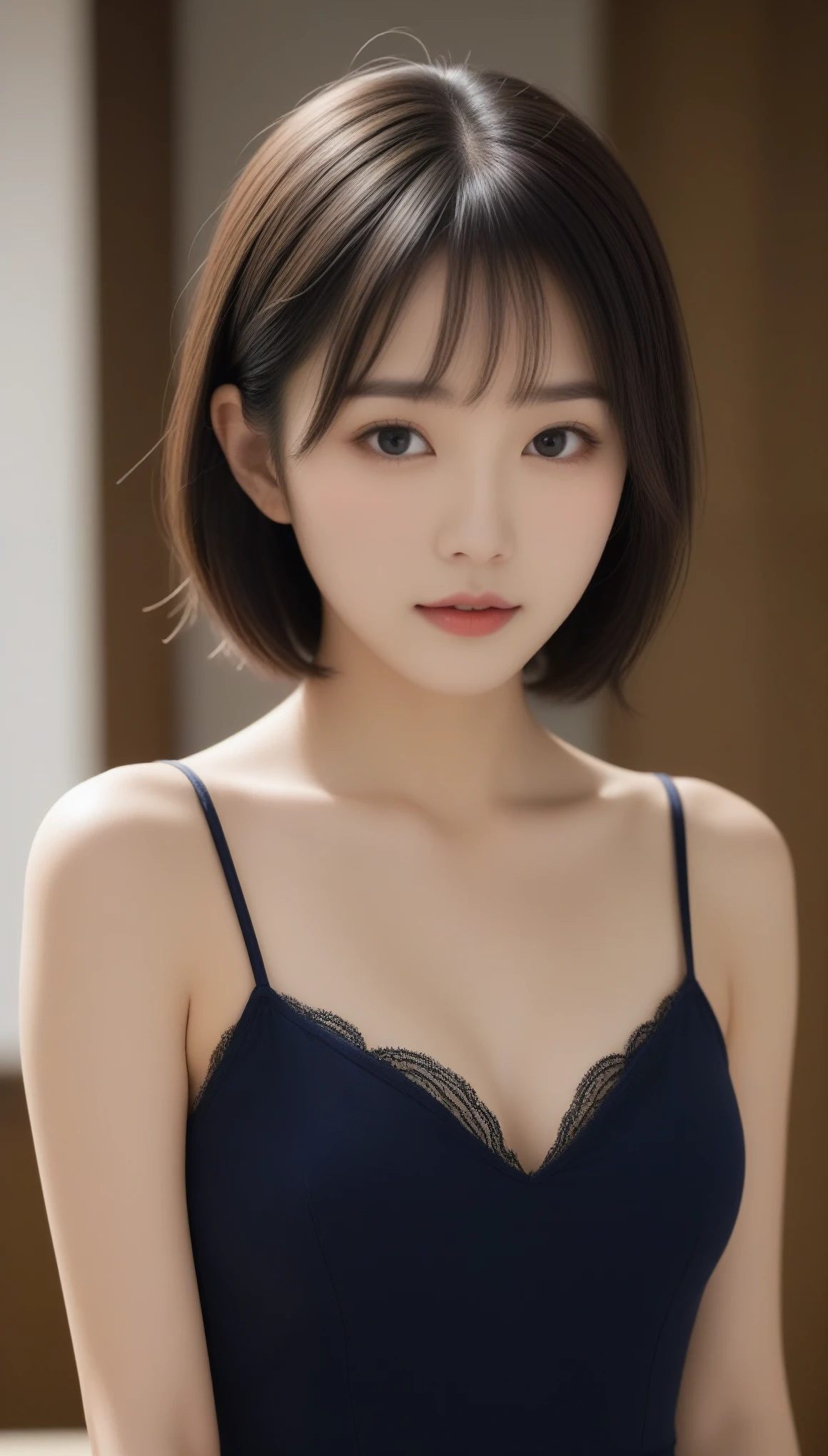 8k, Ultra-high resolution, Highest quality, masterpiece, 三分割法によるphotograph,Surreal, photograph, 1 Girl, (:1.3), pretty girl, Cute Face, Beautiful eyes in every detail, 細かくdetailedに,masterpiece,One Girl:1.2,Japanese female announcer,cowboy shot,Serious expression,Black short hair,Bob with bangs,Black Lace Lingerie, See through, Look forward, Standing posture, Opposition, Dynamic Lighting, Sharp contours, Light from above, Low contrast, (Side view),Perfect and beautiful face ,完璧でCute Face, Skin with attention to detail, Perfect limbs、Narrow waist,Looking at the audience,(((Ideal body type))),A cup small breasts :2,Portraiture:2,Perfect Anatomy,鮮明なdetailed,detailed,Surreal,Light and shadow,glowing
