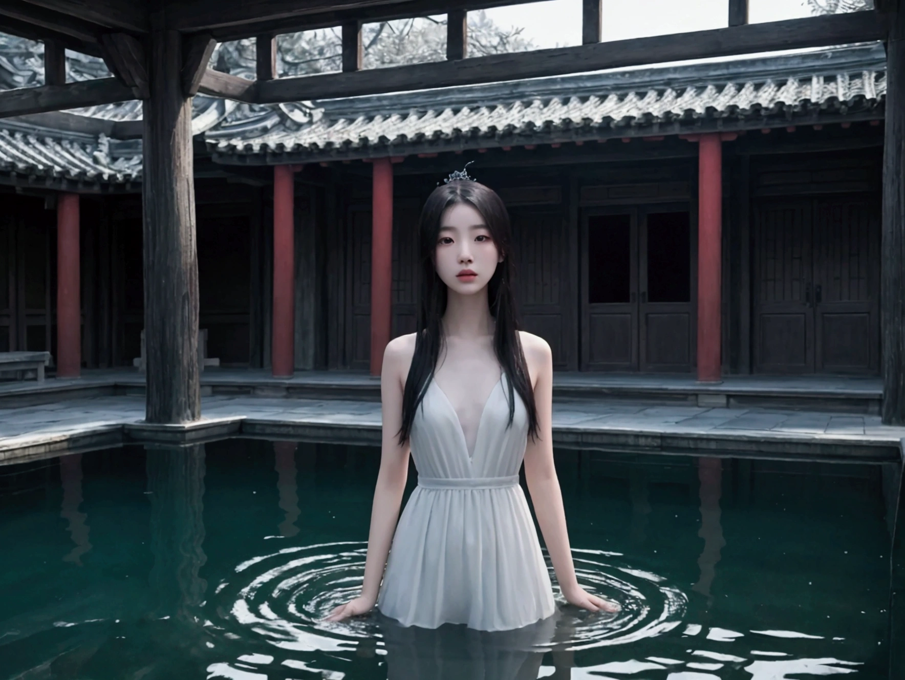 Beautiful Chinese woman with long straight hair wearing white gloves and a blue-purple cheongsam against a street background, photorealistic, in the style of high-definition photography, with a perfect figure body shape, showing beautiful face details, in high definition, high resolution, high detail, high quality --ar 1:2 --stylize 750
