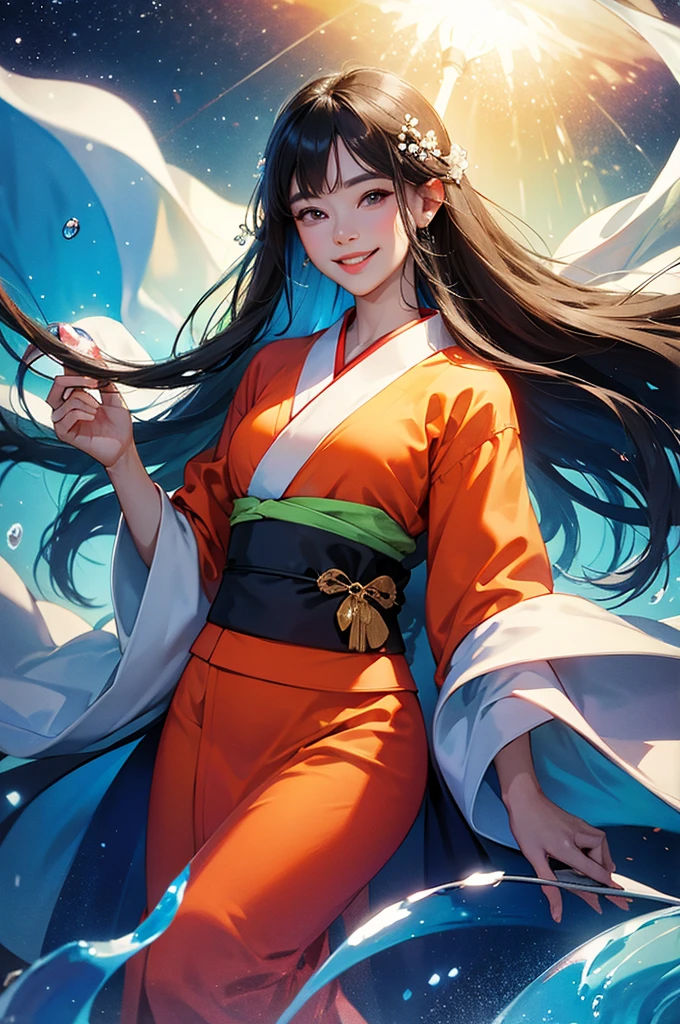 Smiling beautiful woman in a kimono holding a transparent glass of water close to her face