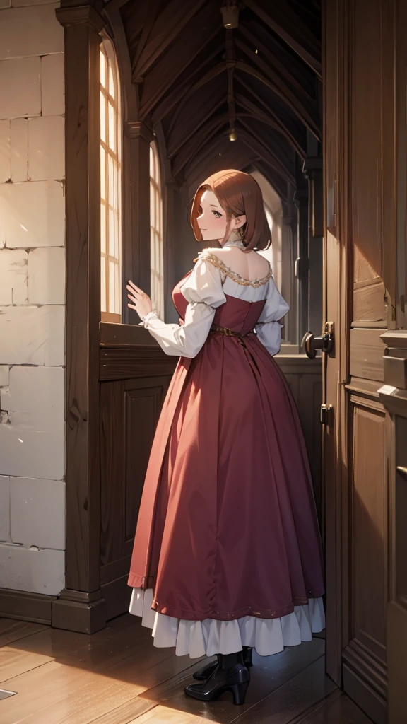 Adult woman, wearing commoner's dress, medieval fantasy, standing, looking straight ahead.