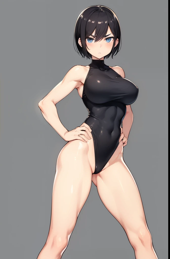 boyish,Very short hair,Black Hair,Large Breasts,Black leotard,High Leg,blush,Serious face,blue eyes,front leg pose,Tight fit,clearly,Striped pattern,forest,Place hands on hips,Asian Squat