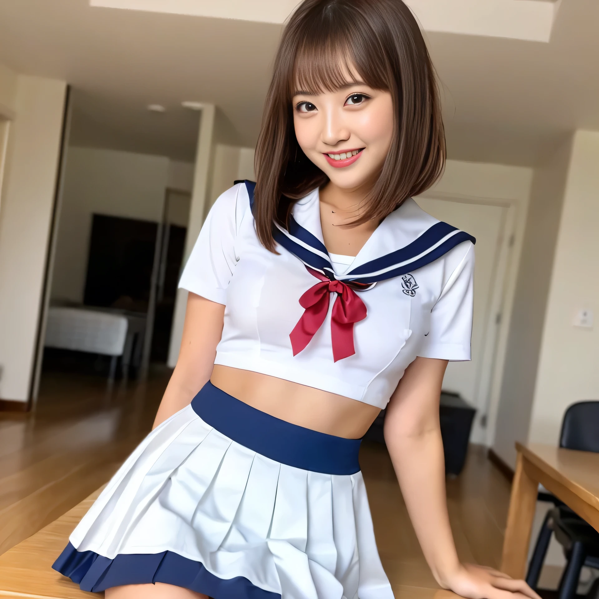 ((Highest quality、8k、Best image quality)) (school uniform、Uniform shirt、Sailor suit、Navy Pleated Skirt 1:1)、The happiest smile、Look at me、Straight Hair、Be in a well-lit room、Long eyelashes、Perfect Makeup、Short skirt、Ample breasts、Soft and warm lighting、whole body、Accurate anatomy、Put your finger on your cheek、18-year-old female、The belly button is visible、The bare skin is visible、Skirt is off 1:2 Panties visible 1:3