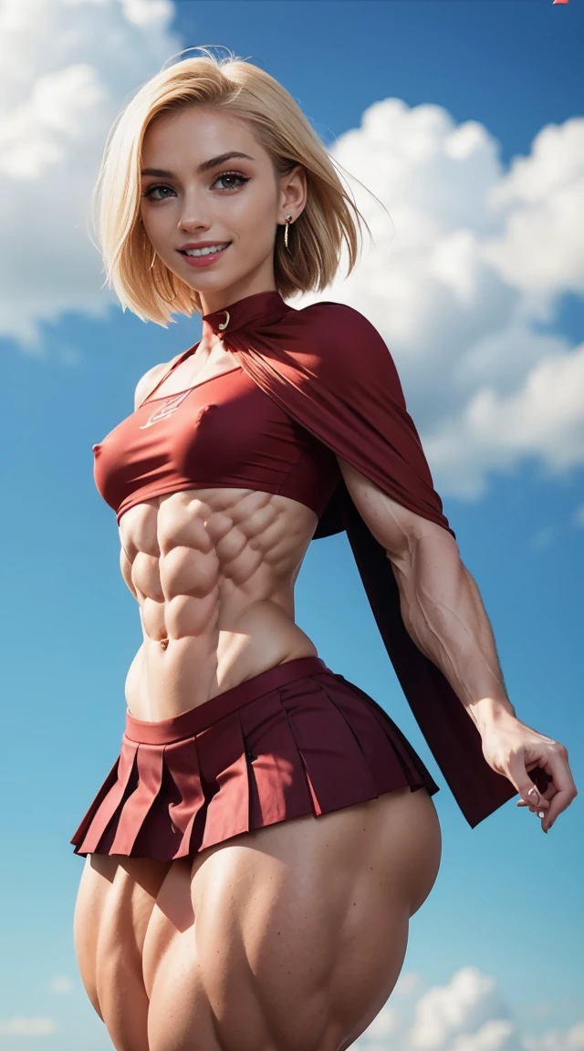 (Muscular:2), (thick thighs:1.9),
(blonde female:1.3), supergirl, (big smile:1.4), (android 18 haircut),
earrings, lipstick, eyeshadow,
(hard :1.2),
(small red cape:1.3), (pleated skirt:1.6), (tanktop, midriff:1.2), choker,
(looking at viewer:1.6), (three quarter view), knees cropped, lowlegp,
(floating in midair, sky and clouds background:1.3), rim lighting, two tone lighting, dim lighting, bokeh, detailed skin, detailed eyes