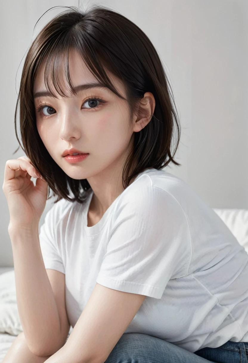 photorealistic, Photography ,BREAK, short hair woman, taking a (selfie:1.5) , (white T-shirts and denim pants), on the sofa in simple bedroom , white background, (short hair), BREAK, 8k , LAW , best-quality, masterpiece, hyper realistic detail shiny skin , natural shading , realistic shadow, BREAK (hyper realistic detail shiny skin, detailed skin, detailed hair, ultra sharpness, intricate details), perfect anatomy