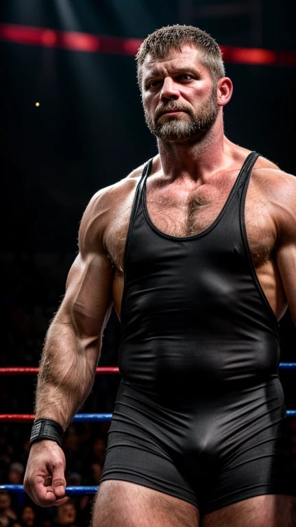 An award-winning original photo,A wild muscular man, (40 years old daddy:1.1), 1boy, Solo, (wrestling singlet), (big shoulders), musculature, stubbles, Short beard, (Detailed body), realistic eyes, cloth around fists, deadpan, chin up, (looks intimidating), looking at viewer, dark lighting, (Best quality, A high resolution, Photorealistic), Cinematic lighting, Masterpiece, RAW photo, Intricate details, hdr, depth of field, upper body shot, (realistic:1.2), (from the front and from below)
