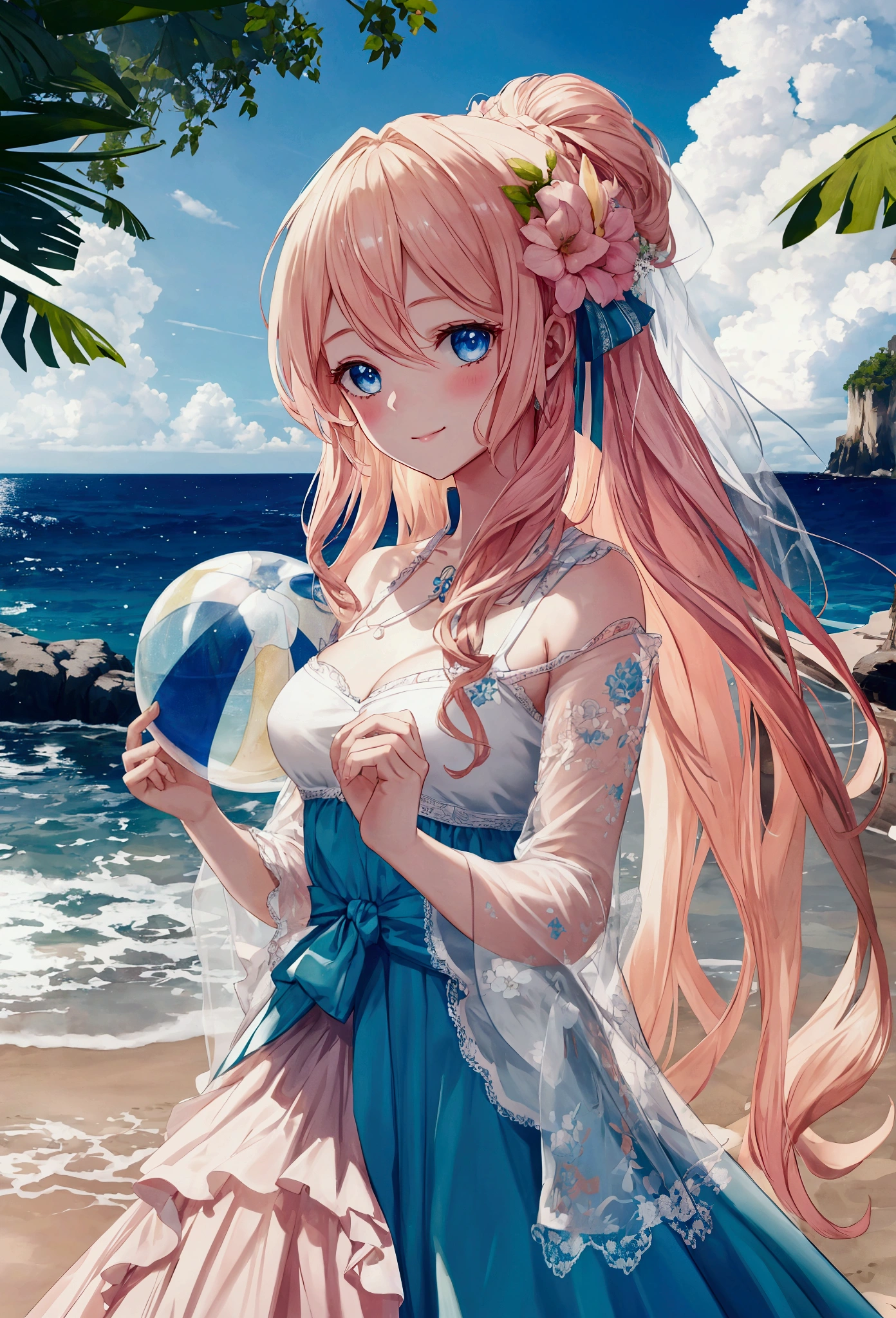 Delicate and beautiful CG art),(Highest quality, Very detailed, High resolution),(Dynamic Angle, Dynamic Lighting),(One character),(Long pink and blonde hair), blue eyes, Beautiful Face), 1 girl, (Long sideburns, plant, smile, Blue long dress, 3d, Ocean, water, Beach ball, shell, sunny, the wind is strong