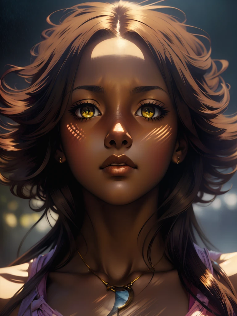 ((Solo half body Beautiful Carribean woman with dark skin and striking eyes)),  shadowed interior background, art by akihiko yoshida, manga art style, colorfield illustration, scary atmosphere, global illumination, by frank frazetta, art by goro fujita, glamor shot, banner, blur, anime key visual, (blue, yellow and gray colors), photorealistic dramatic anime girl, intricately detailed, chiaroscuro, pino daeni, impressionist (best quality, masterpiece)