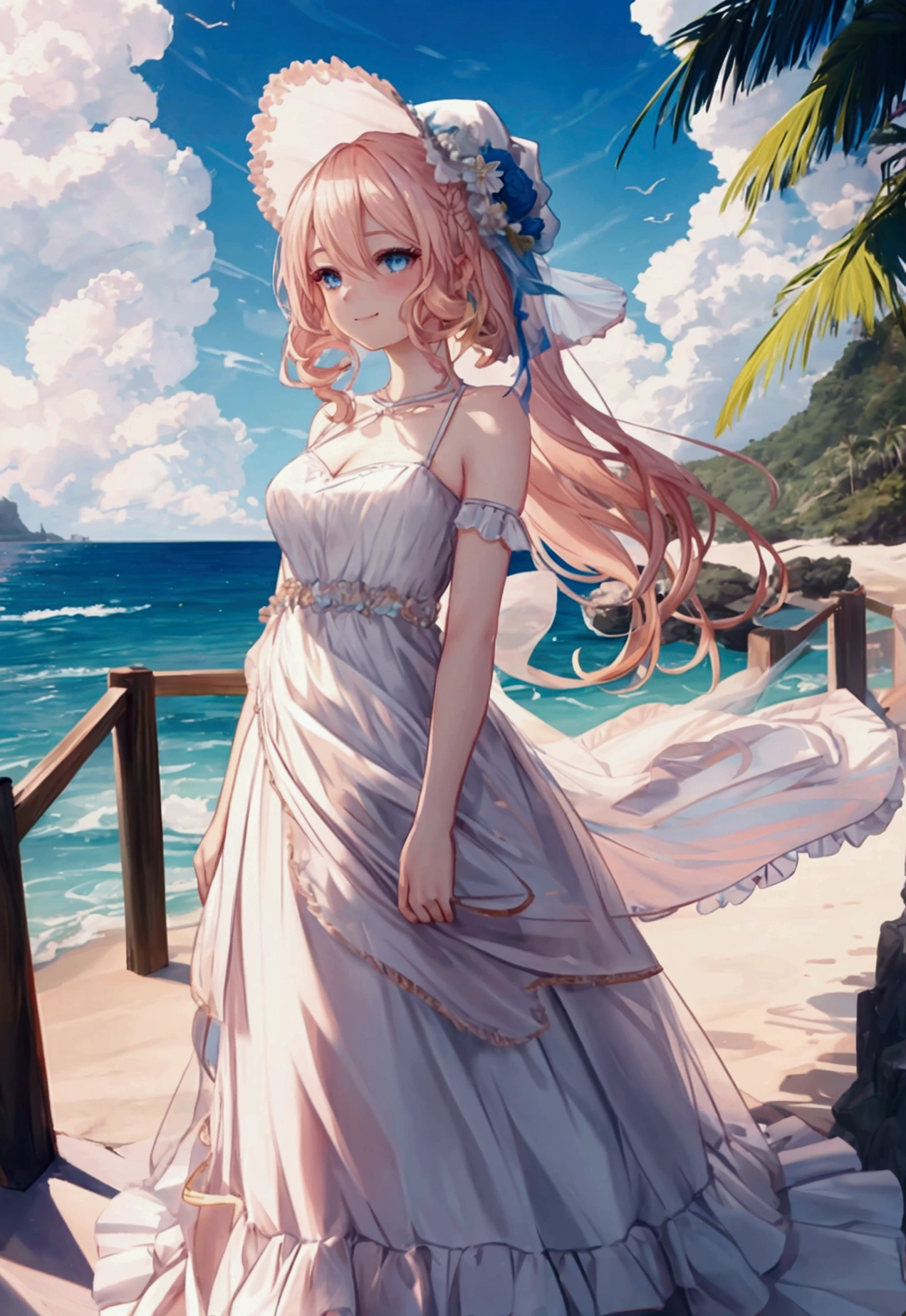 Delicate and beautiful CG art),(Highest quality, Very detailed, High resolution),(Dynamic Angle, Dynamic Lighting),(One character),(Long pink and blonde hair), blue eyes, Beautiful Face), 1 girl, (Long sideburns, plant, smile, Blue long dress, 3d, Ocean, water, Beach ball, shell, sunny, the wind is strong