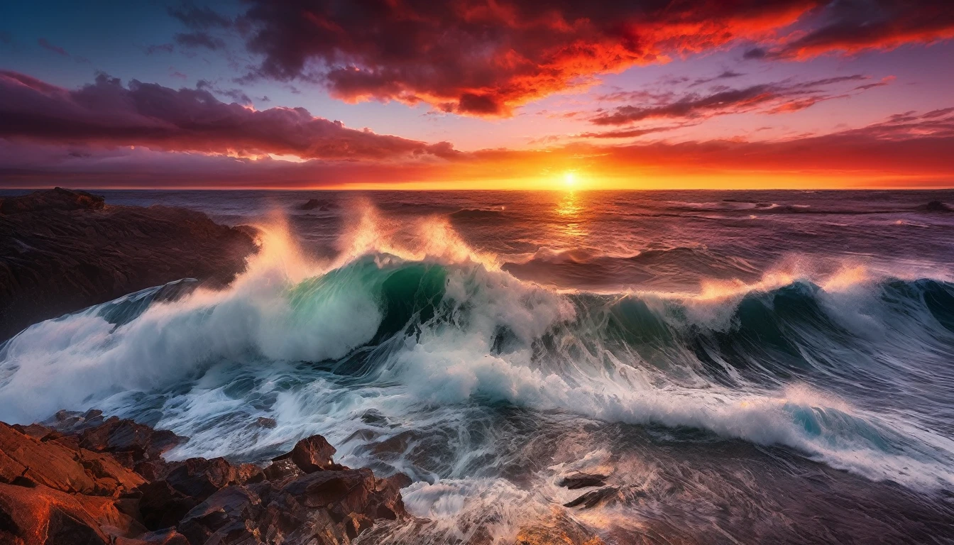 arafed view of a sunset over the ocean with waves crashing, chaotic sea setting, marc adamus, breathtaking look, epic sunset, dramatic reddish light, epic sunrise, vibrant sunrise, sunset glow, soft glow, vibrant sunset, breathtaking composition, jaw dropping beauty, by Alexander Robertson, red horizon, dramatic sunrise, breathtaking colors, dramatic sunset, seascape, red sunset