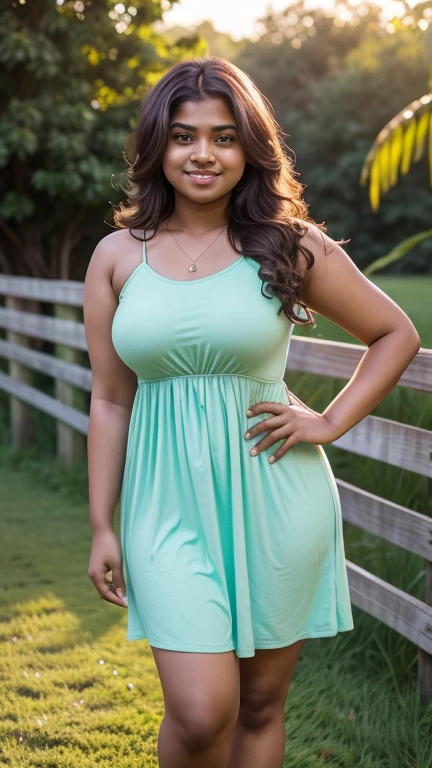 19yo bengali woman, coed, adult woman, sundress, tight dress, pastel green dress, detailed wavy brown hair, barefoot, full body, exterior French countryside, soft lighting, thick thighs, curvy, thick build, heavy set, big , she is waiting to make love to you, delightful smile, tan skin, cute pose, sunset, golden hour, hands behind her back, coy grin,
