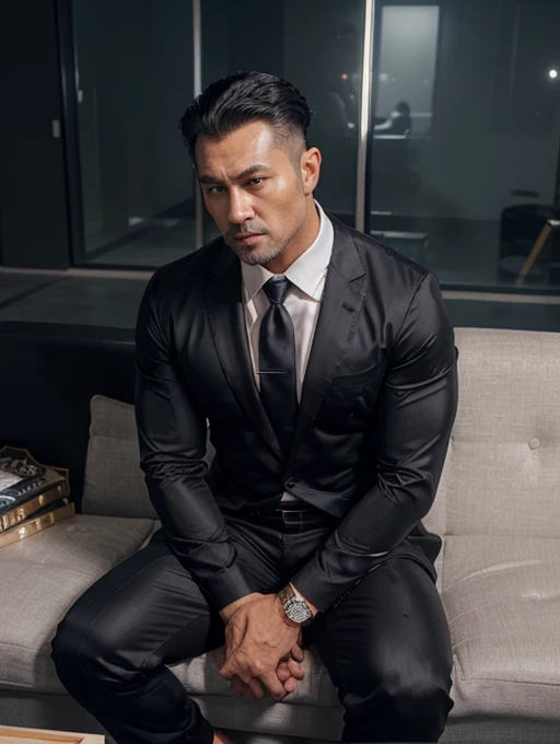 36 years old,daddy,"shiny suit",wear white shirt, very glossy pants, necktie, shiny satin trousers,dark gray satin fabric ,Dad sit down on the sofa, k hd,in the office,"big muscle" ,black hair,asia face,masculine,strong man,the boss is,handsome,lecherous dad,look straight ahead,dad is handsome,dad is handsome, dad is "horny daddy",asian,sperm,sexy,black pants, masculine hairstyle,masterpiece