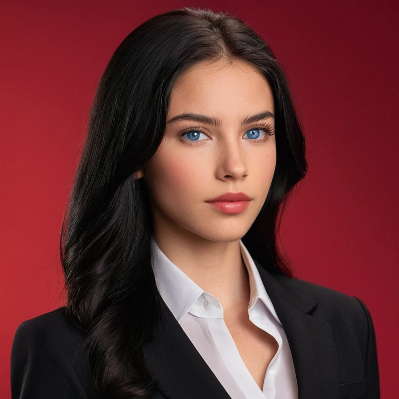 "A 23-year-old female with mixed Hispanic and Caucasian features. She has long black hair, blue eyes, a heart-shaped face, and medium lips. She is wearing a black business suit with a white blouse. The background is a dim, red photoshoot backdrop. UHD, masterpiece, anatomically correct, textured skin, high details, best quality."
