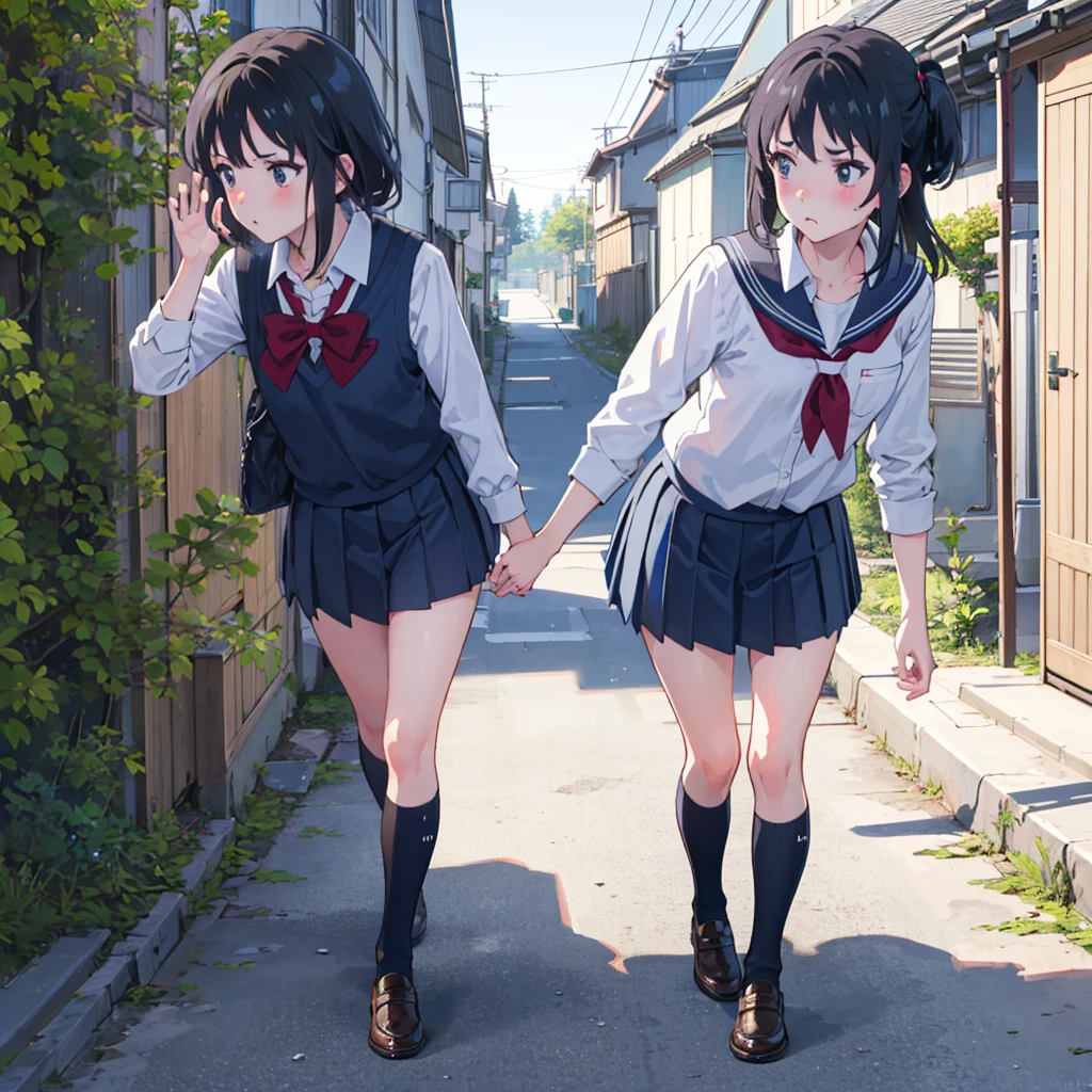 4k, masterpiece, ultra detailed, mitsuha miyamizu, blushing, school uniform, pouting, side-view of her face, walking on pavement, houses