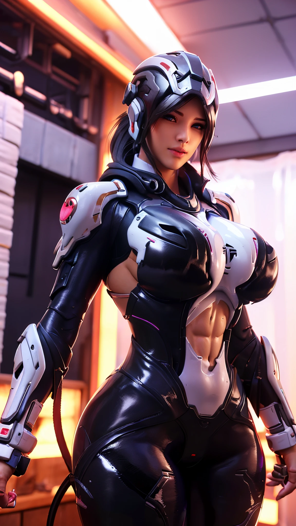 Cosplayer_Queen, CLOSE UP UPPER BODY,solo, COWBOY SHOT, ((KABUTO SAMURAI HORN HELMET, CAUCASIAN PONYTAIL HAIR)), (GIGANTIC FAKE BREASTS,11 LINE ABS:1.5), (SKINTIGHT FUTURISTIC SAMIRAI MECHA BODYSUIT OVERWATCH, ROYAL LONG CLOAK, SKINTIGHT YOGA PANTS:1.5), (MUSCULAR BODY SHAPE:1.5), (CLEAN GLOSSY BODYSKIN:1.5), (LOOKING AT VIEWER:1.6), (BACKGROUND FUTURISTIC SPACE STATION:1), (Photorealsitic:1.4), (Ultra-detail), (TOP-QUALITY), (BEST SHADOWS), BRIGHT LIGHT IN ROOM, HYPER TEXTURE, (4X MSAA), ((UNREAL ENGINE 5 RENDER)), (NEON), PHYSICALLY-BASED RENDERING, ULTRA HIGHT DEFINITION, 16K, 1080P.