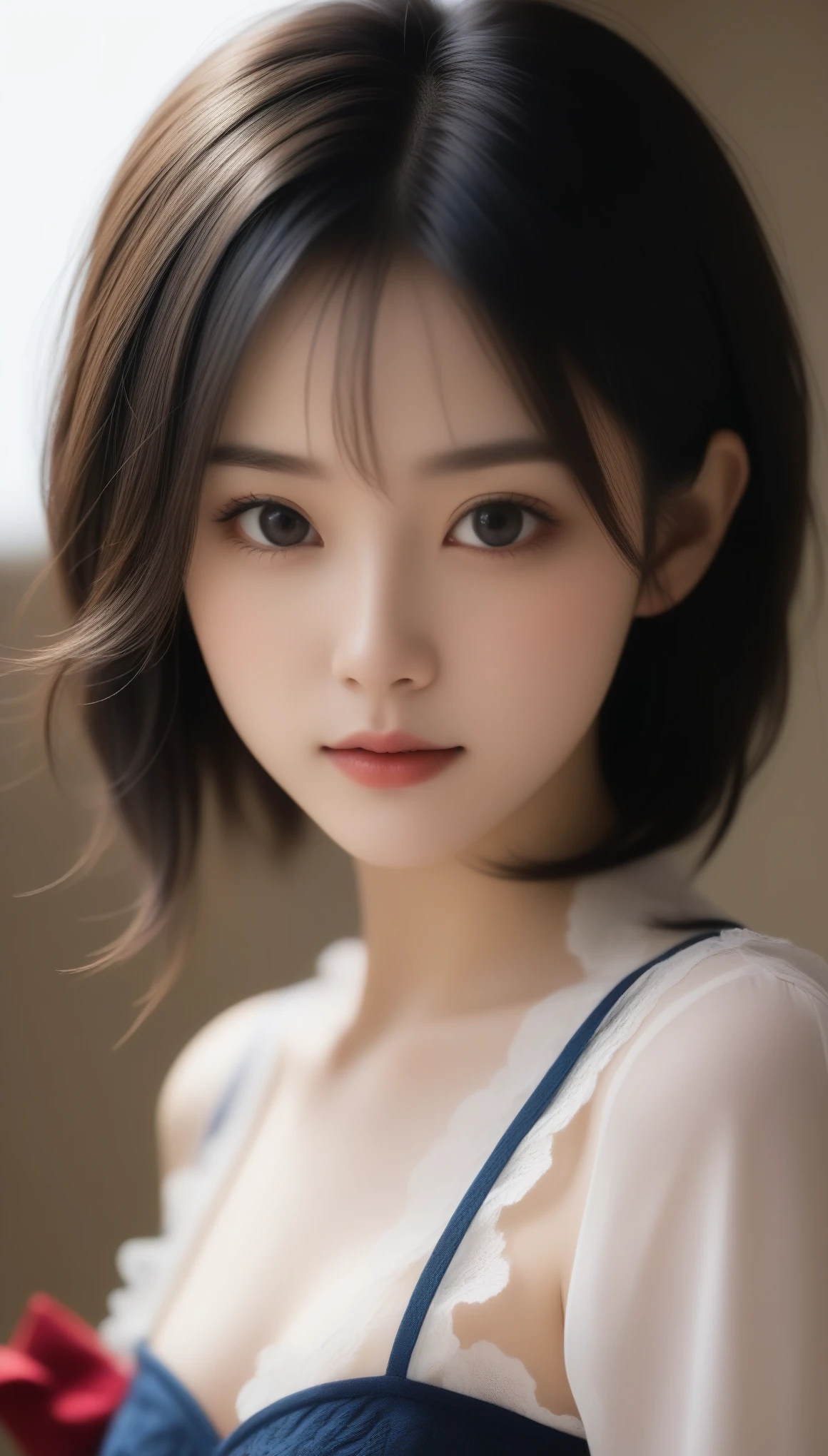 8k, Ultra-high resolution, Highest quality, masterpiece, 三分割法によるphotograph,Surreal, photograph, 1 Girl, (:1.3), pretty girl, Cute Face, Beautiful eyes in every detail, 細かくdetailedに,masterpiece,One Girl:1.2,Japanese female announcer,cowboy shot,disgust,Black short hair,Messy bun hair,Red lace lingerie, See through, Look forward, Standing posture, Opposition, Dynamic Lighting, Sharp contours, Light from above, Low contrast, (Side view),Perfect and beautiful face ,完璧でCute Face, Skin with attention to detail, Perfect limbs、Narrow waist,Looking at the audience,(((Ideal body type))),A cup small breasts :2,Portraiture:2,Perfect Anatomy,鮮明なdetailed,detailed,Surreal,Light and shadow,spotlight
