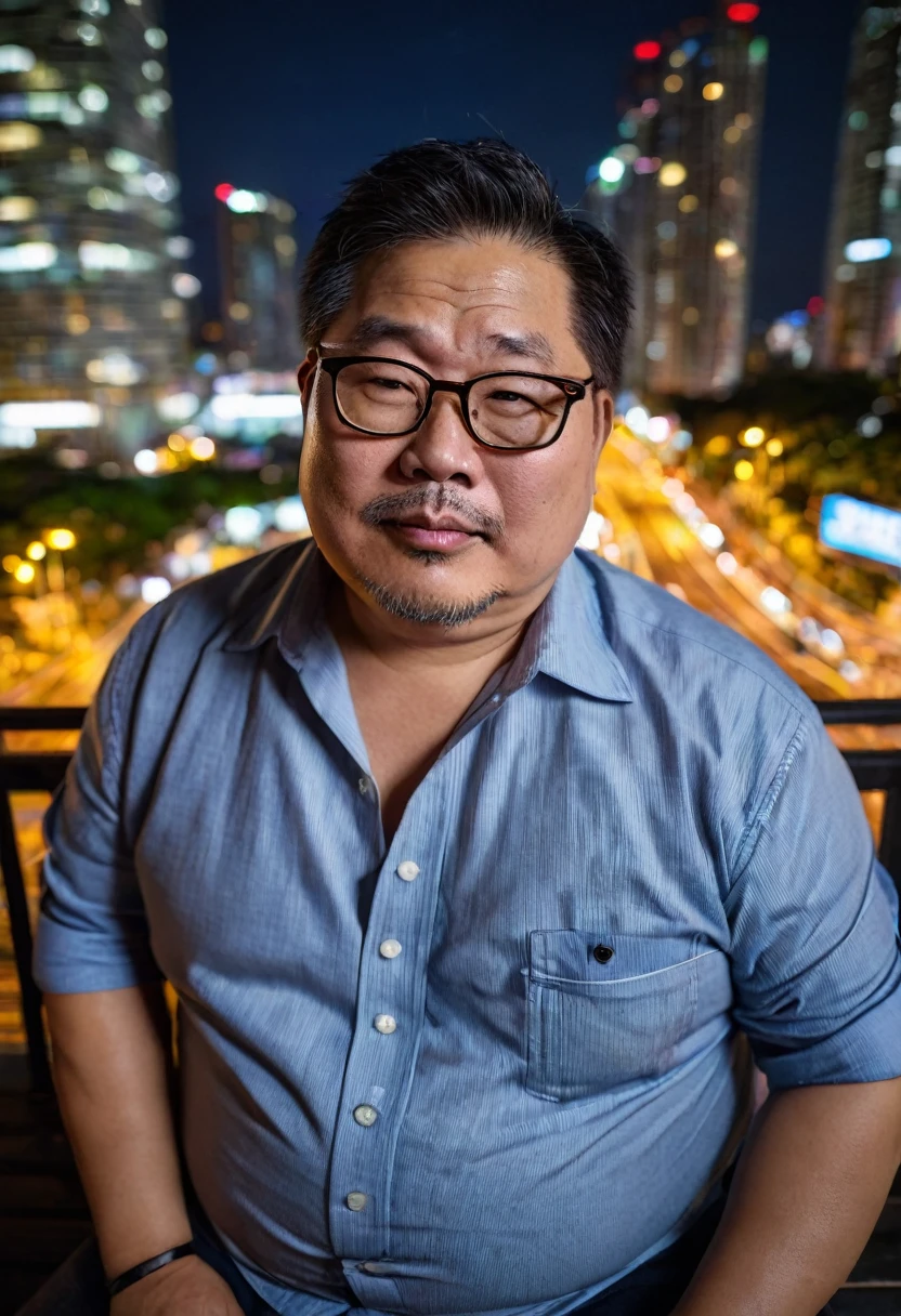 Man, Asian, 50 years old, Fat, Chubby, wearing glasses, wearing a shirt unbutton, Unbutton, sitting, city, night time, top view, sharp image, beautiful lighting.