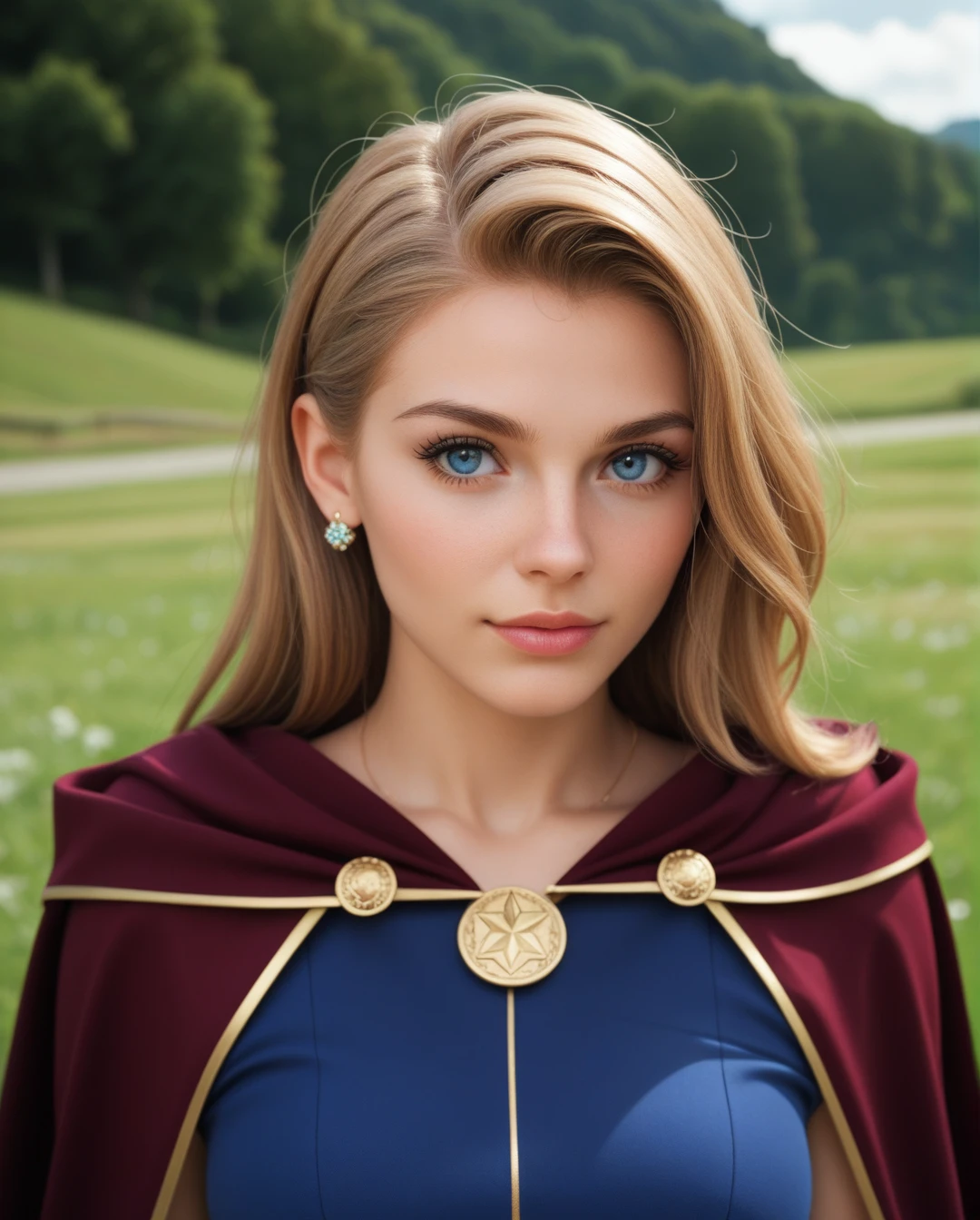50mm lense 8k portrait shot of solo DCEU Sashe Calle Supergirl, with a cape she is standing outdoor on Meadow Grassland of a village in Switzerland Valley. Sunny day, natural light over her body, hard shadows over her face, Day Time, Afternoon Time, 8k texture suit, 8k quality shot
