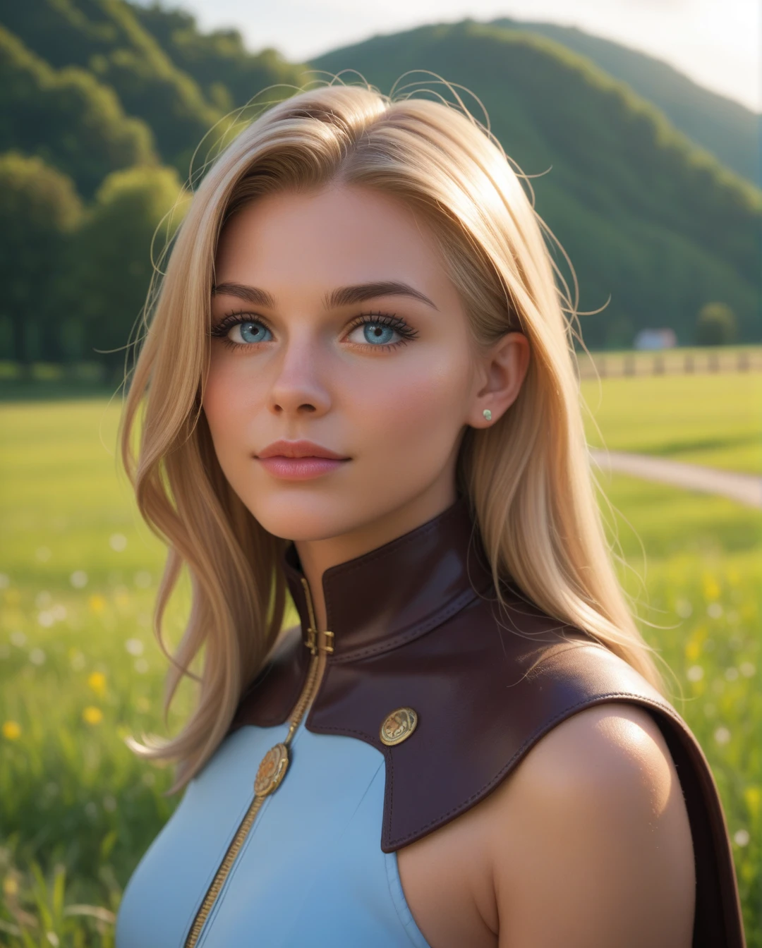 50mm lense 8k portrait shot of solo DCEU Sashe Calle Supergirl, with a cape she is standing outdoor on Meadow Grassland of a village in Switzerland Valley. Sunny day, natural light over her body, hard shadows over her face, Day Time, Afternoon Time, 8k texture suit, 8k quality shot