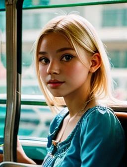 young girl, energetic, blonde, European, rare face, large nose, flushed cheeks, short blouse, summer clothes, in the bus, photographic style, close, looking at me