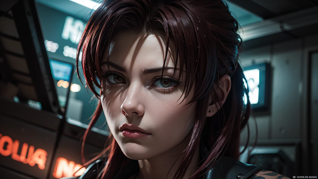 Revy from black lagoon, neon lights, The artwork is rendered in an edgy and realistic style, with high attention to detail and sharp focus. The colors are vivid and contrasted, with a slight desaturation to create a moody atmosphere. shadowy highlights enhancing the overall composition. The medium used is a digital illustration, with a touch of photo-realistic elements to add depth and texture to the image. The final result is a masterpiece in ultra-high resolution,