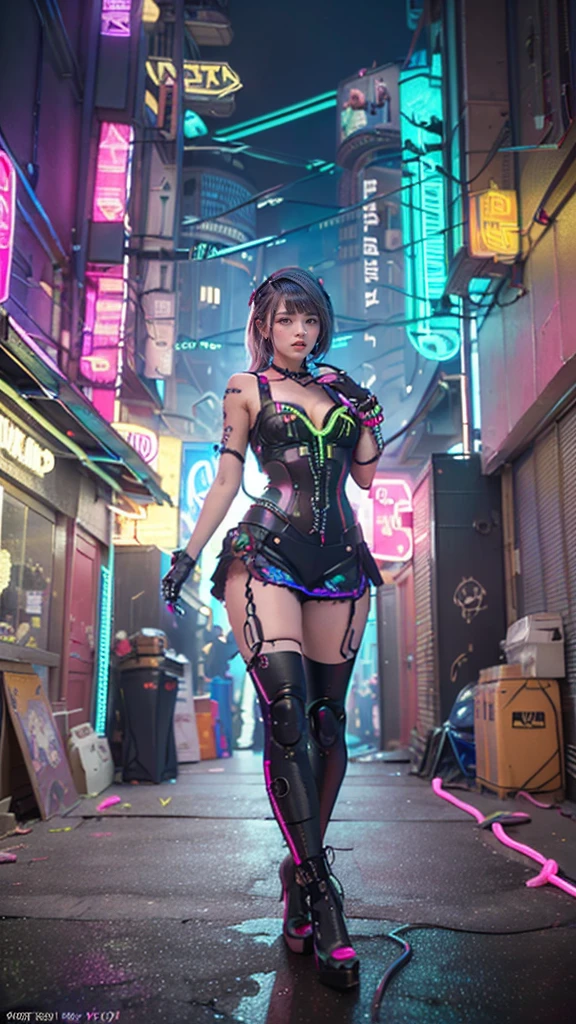 (Tabletop, Highest quality, Top quality, Official art, Beautiful, Aesthetic:1.2),(One girl:1.4),Full body,([pink|blue] hair:1.5),Highly detailed,(Fractal art:1.3),(Colorful:1.5),Best detail,(Mechanical mods:1.3),(Modified:1.2),Maiden,(Complex mechanical conduit inserted:1.5),Catheter,(Neon background:1.4),(Neon city:1.75),Night,(Gothic_ta:1.2),High heels,Make up,Blush,(Cyberpunk:1.4),((Watching the viewer:1.3)),Sofia Boutella, Brunette, Tan, Huge , Nikon D850 Film Stock Photos 4 Kodak Portra 400 Camera F1.6 Lenses, Rich colors, Ultra realistic textures, Dramatic lighting, UnrealEngine, Trending on Artstation, Cinestill 800,