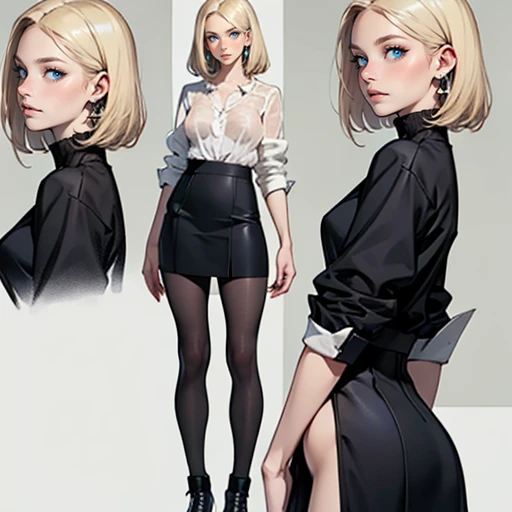 ((masterpiece)), (((best quality))), 1 female, pale white skin, very light blonde hair, medium hair, bob hair style, beautiful woman, blue eyes, simple earrings, blouse, skirt, leggings, small breasts, full body view, standing straight, detailed face, highest quality, highly detailed, original, high resolution CG Unit 8k wallpaper, (best quality, artwork, masterpiece, 4k)