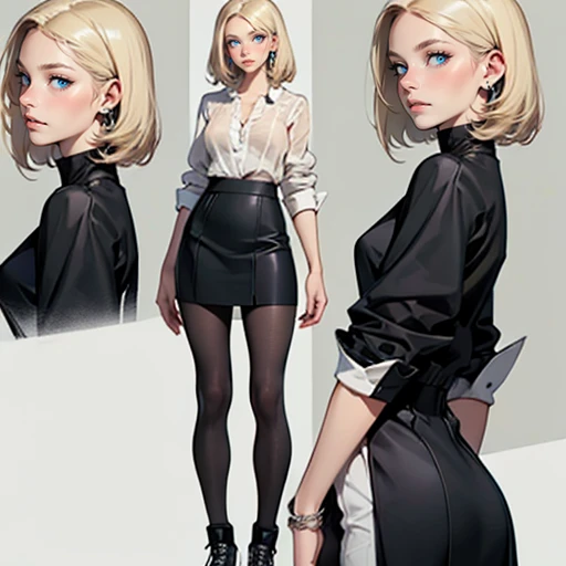 ((masterpiece)), (((best quality))), 1 female, pale white skin, very light blonde hair, medium hair, bob hair style, beautiful woman, blue eyes, simple earrings, blouse, skirt, leggings, small breasts, full body view, standing straight, detailed face, highest quality, highly detailed, original, high resolution CG Unit 8k wallpaper, (best quality, artwork, masterpiece, 4k)