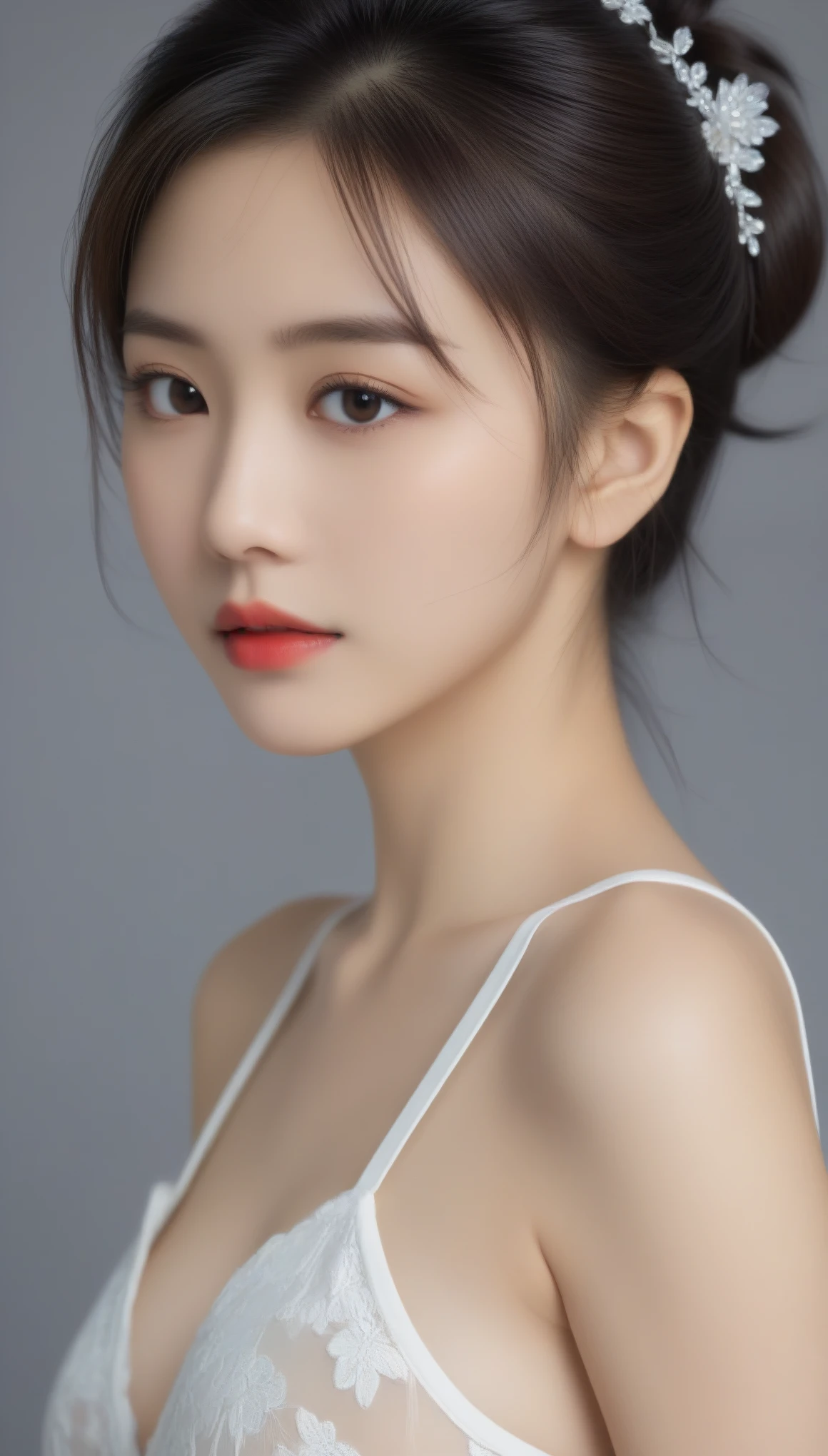 8k, Ultra-high resolution, Highest quality, masterpiece, 三分割法によるphotograph,Surreal, photograph, 1 Girl, (16 years old:1.3), pretty girl, Cute Face, Beautiful eyes in every detail, 細かくdetailedに,masterpiece,One Girl:1.2,Japanese female announcer,cowboy shot,disgust,Black short hair,Messy bun hair,Red lace lingerie, See through, Look forward, Standing posture, Opposition, Dynamic Lighting, Sharp contours, Light from above, Low contrast, (Side view),Perfect and beautiful face ,完璧でCute Face, Skin with attention to detail, Perfect limbs、Narrow waist,Looking at the audience,(((Ideal body type))),A cup small breasts :2,Portraiture:2,Perfect Anatomy,鮮明なdetailed,detailed,Surreal,Light and shadow,spotlight