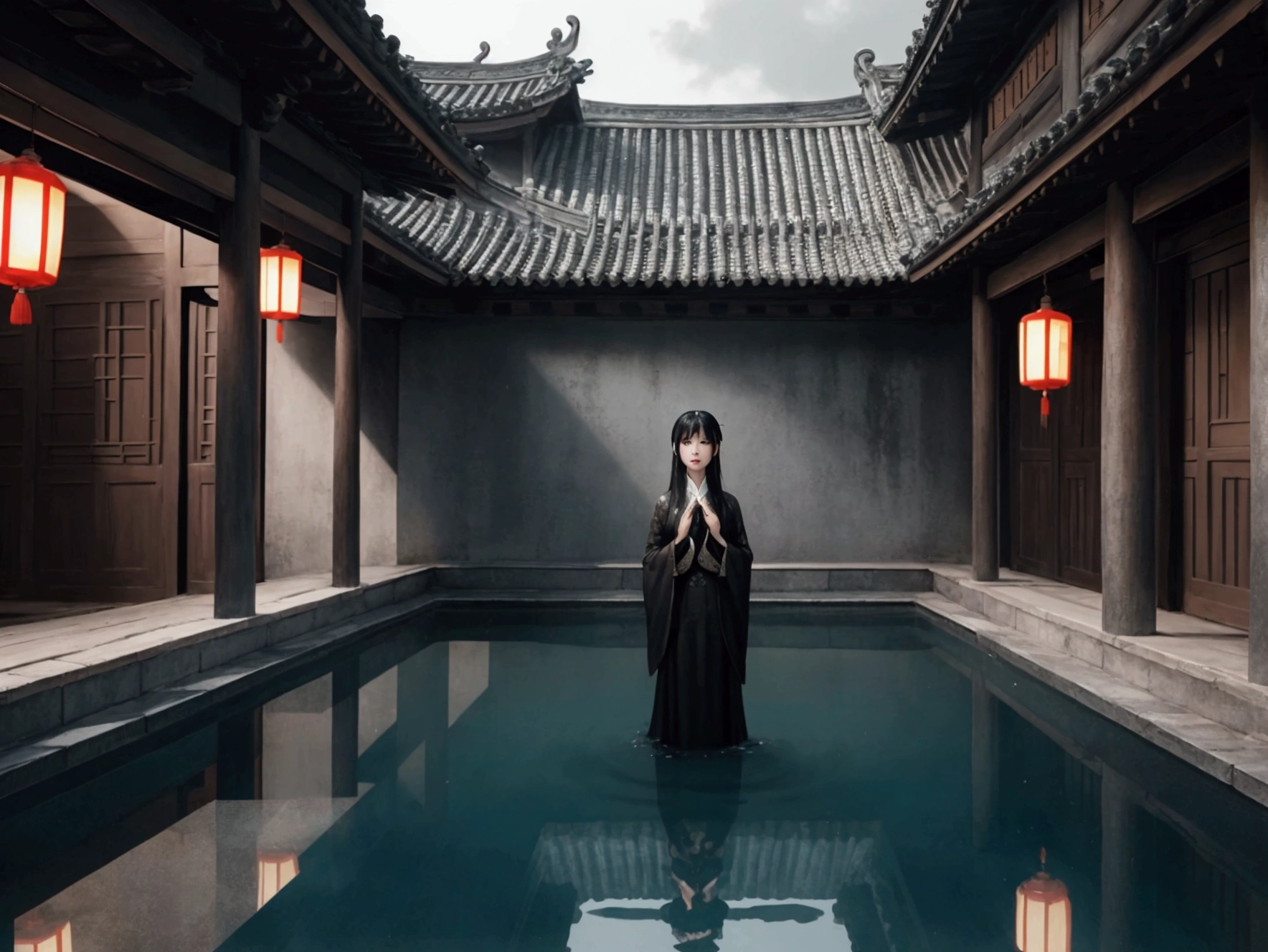 {A captivating and eerie scene of a Chinese girl with long, black hair standing in a pool of water inside an old Chinese courtyard. Her expression is calm yet haunting, and the traditional architecture around her is detailed and aged. The lighting is dim and moody, with an overcast sky casting soft shadows. The reflection in the water enhances the mysterious and otherworldly feel of the scene. The image is highly detailed, with a focus on the blend of beauty and the supernatural. --ar 16:9 --stylize 750 --v 6}