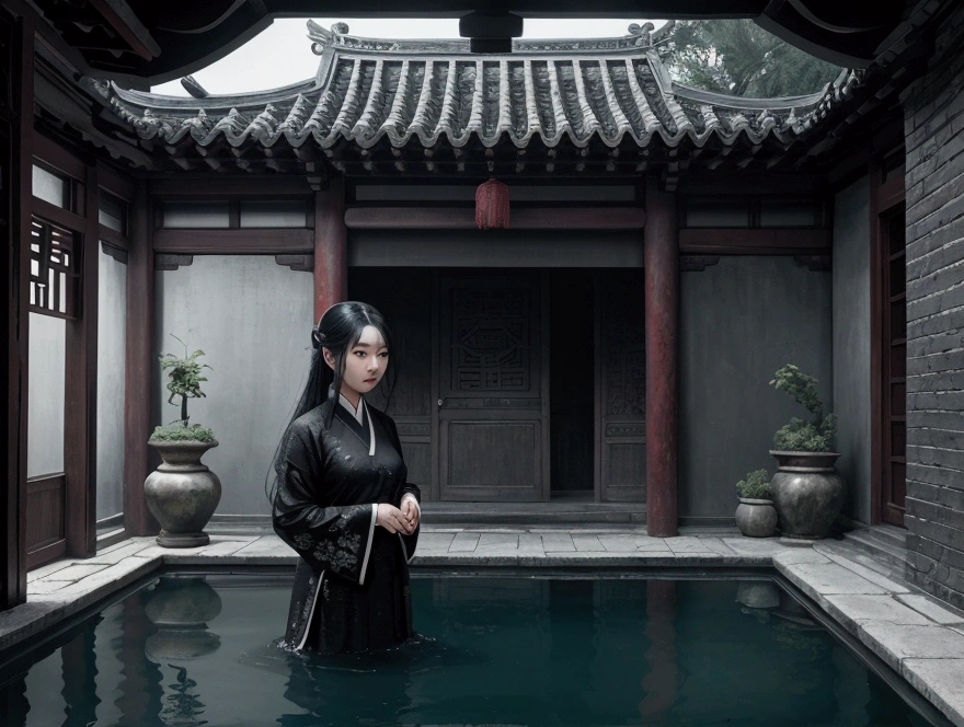 {A captivating and eerie scene of a Chinese girl with long, black hair standing in a pool of water inside an old Chinese courtyard. Her expression is calm yet haunting, and the traditional architecture around her is detailed and aged. The lighting is dim and moody, with an overcast sky casting soft shadows. The reflection in the water enhances the mysterious and otherworldly feel of the scene. The image is highly detailed, with a focus on the blend of beauty and the supernatural. --ar 16:9 --stylize 750 --v 6}
