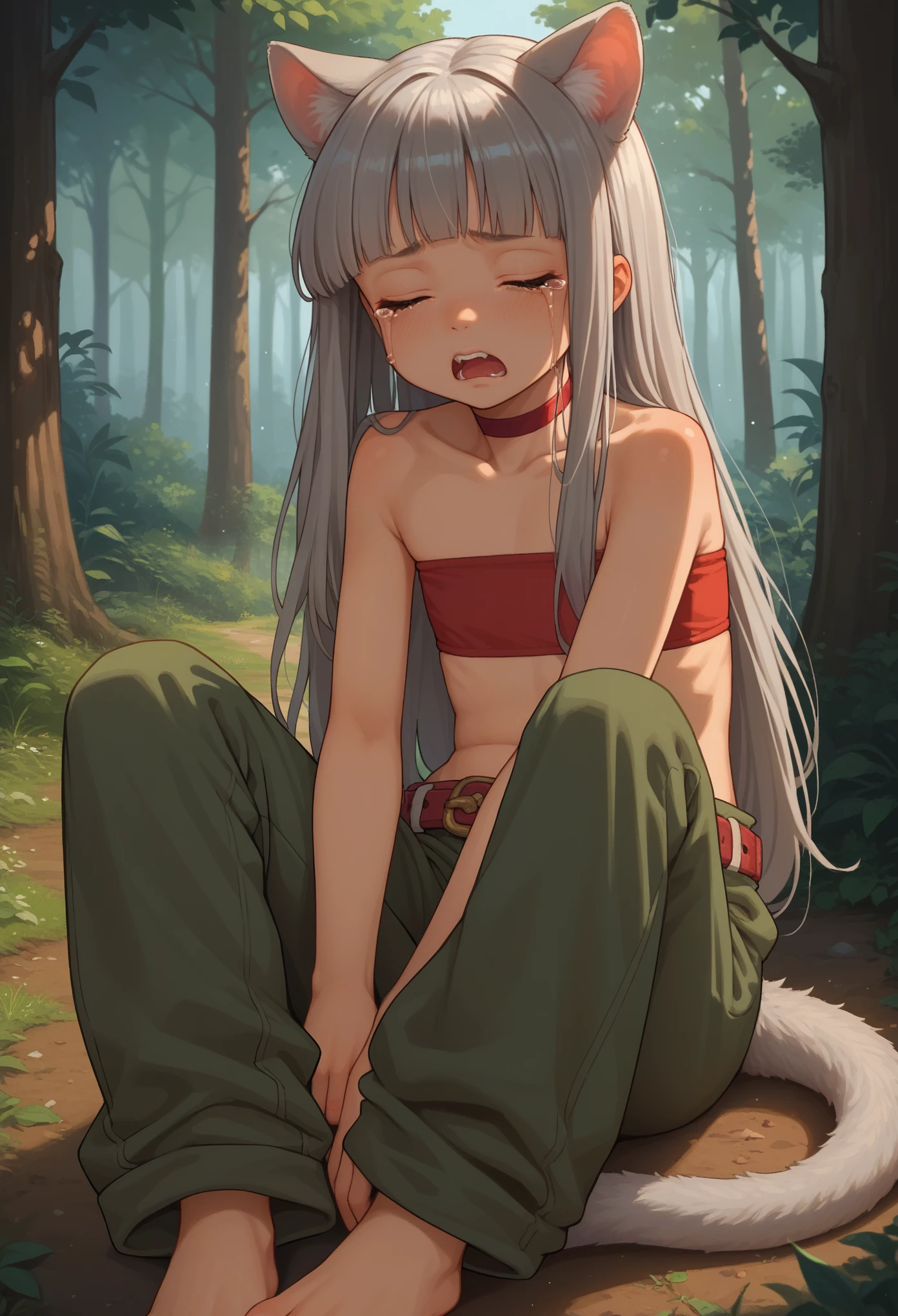 score_9, score_8_up, score_7_up, 1girl, solo, (loli:1.2), kid, flat chest, ghislainedef, (dark skin), long hair, tousled hair, gray hair, tail, animal ears, red bandeau, green pants, open pants, red choker, belt, sitting on ground, sad, pouting, crying, sobbing, screaming, closed eyes, knees up, partially unzippied,  ((oversized pants:1.2)), looking at you, forest,
