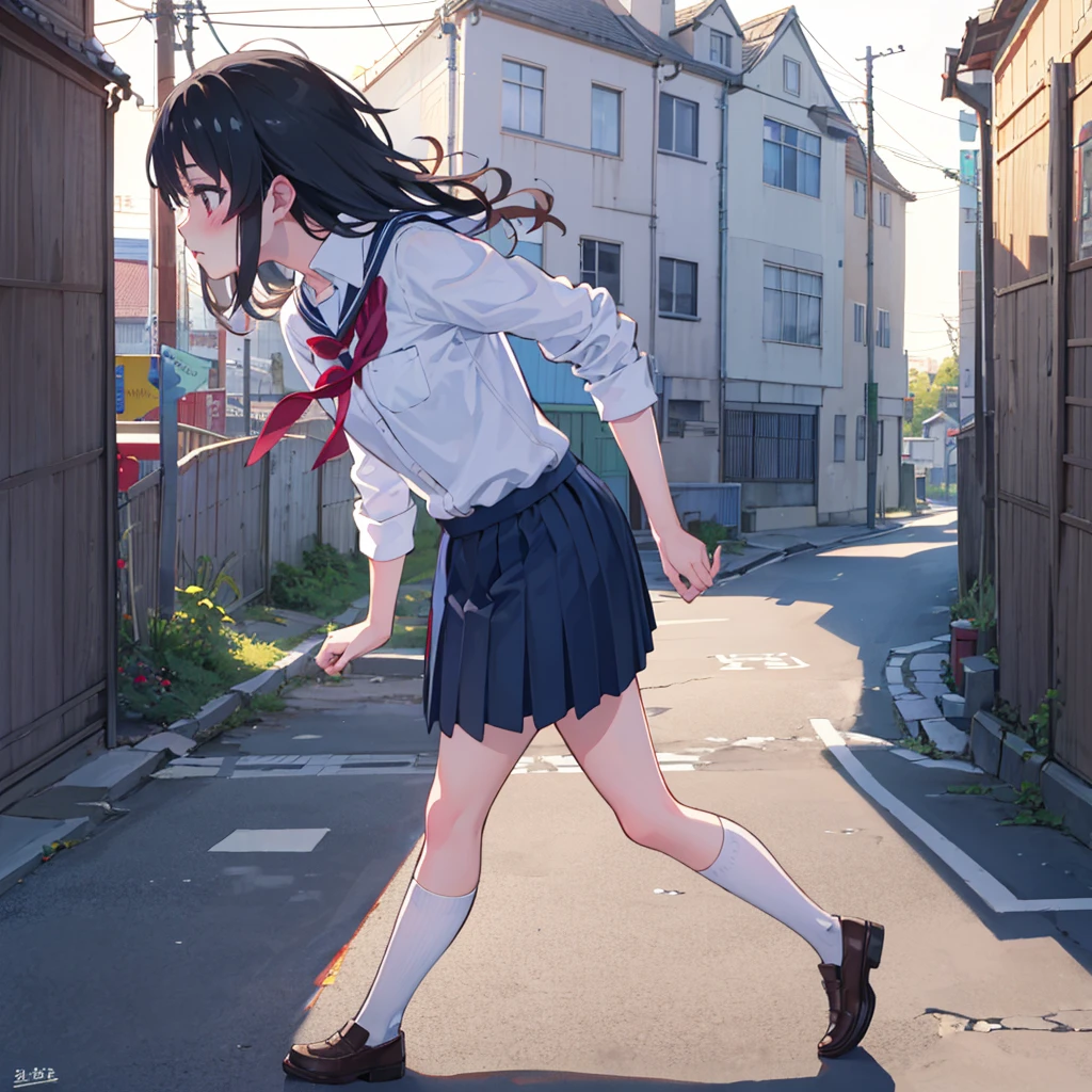 4k, masterpiece, ultra detailed, mitsuha miyamizu, blushing, school uniform, pouting, side-view of her face, walking on pavement, houses 