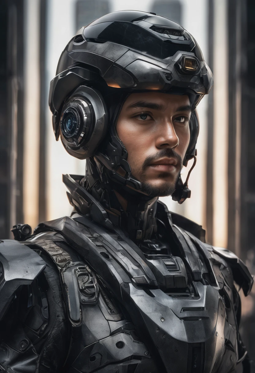 portrait of a soldier, man, cyberpunk, cyber warrior, wearing a black suit with a future theme and metal parts, (wearing a helmet:1.2), sci-fi, science fiction, sci-fi action scence, symmetrical eyes, fine details best quality, hyperdetailed face, photorealistic, highest quality, best shadow, high contrast, character design, moody, film grain, dark, highly detailed. photography, professional, 4k, 8k HD, highly detailed, professional