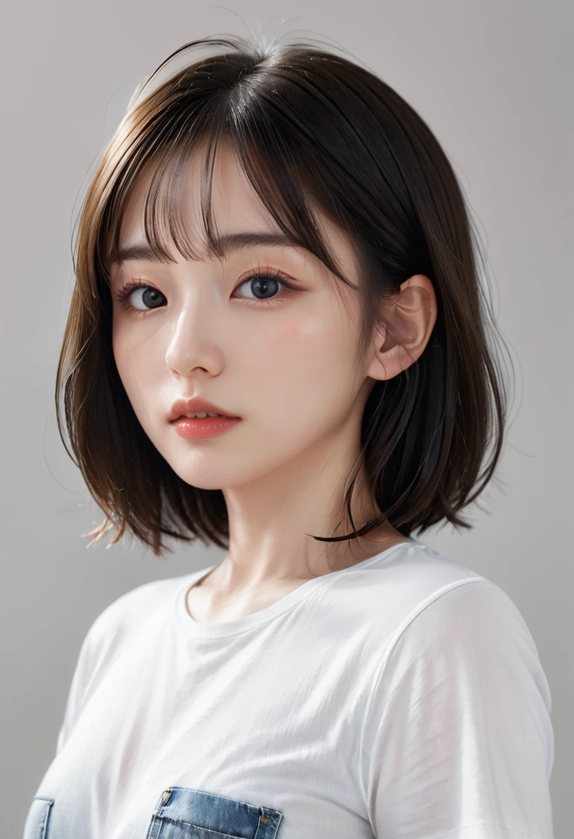 photorealistic, Photography ,BREAK, short hair woman, taking a (selfie:1.5) , (white T-shirts and denim pants), on the sofa in simple bedroom , white background, (short hair), BREAK, 8k , LAW , best-quality, masterpiece, hyper realistic detail shiny skin , natural shading , realistic shadow, BREAK (hyper realistic detail shiny skin, detailed skin, detailed hair, ultra sharpness, intricate details), perfect anatomy