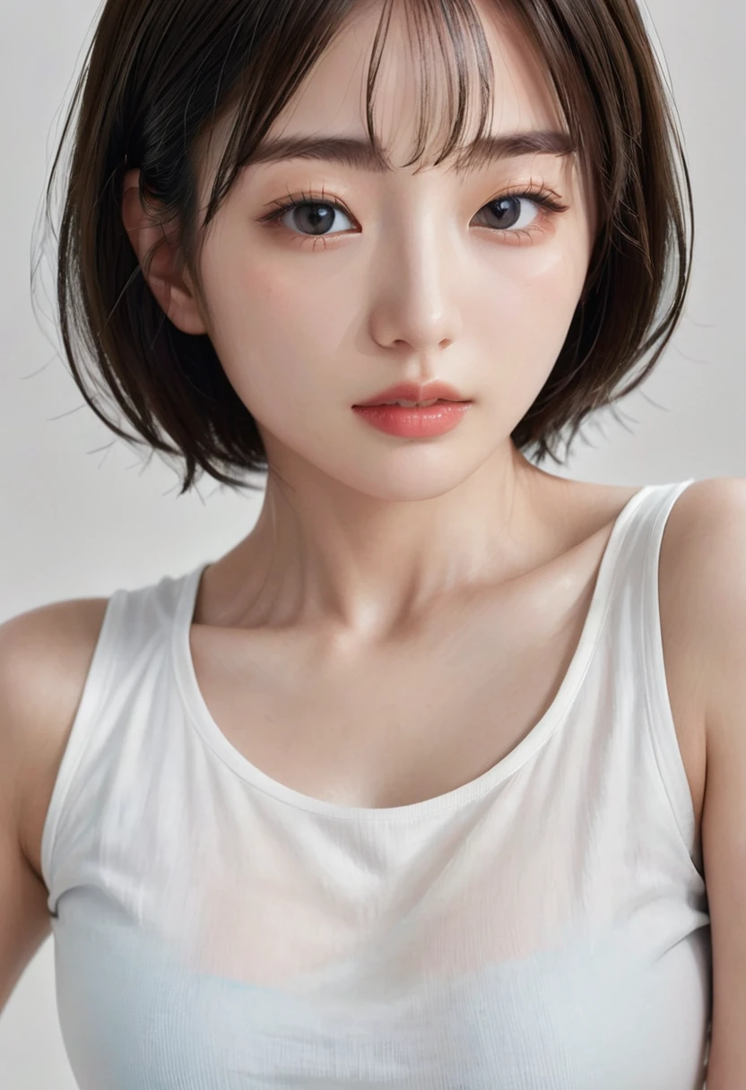 photorealistic, Photography ,BREAK, short hair woman, taking a (selfie:1.5) , (white T-shirts and denim pants), on the sofa in simple bedroom , white background, (short hair), BREAK, 8k , LAW , best-quality, masterpiece, hyper realistic detail shiny skin , natural shading , realistic shadow, BREAK (hyper realistic detail shiny skin, detailed skin, detailed hair, ultra sharpness, intricate details), perfect anatomy