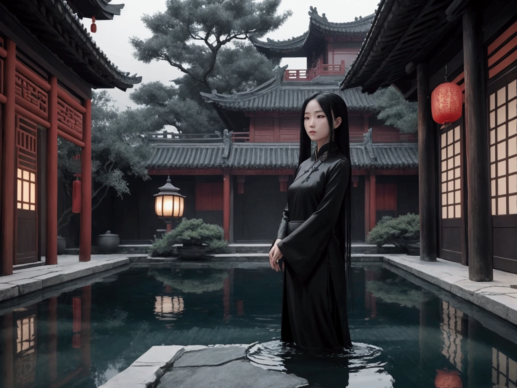 {An atmospheric and enigmatic scene showing a Chinese girl with long, flowing black hair, standing in a reflective pool within an ancient Chinese courtyard. Her face is serene yet ghostly, surrounded by traditional Chinese buildings with intricate designs. The scene is bathed in a melancholic light, creating an eerie and surreal mood. The water's reflection adds depth and mystery to the image, blending the real and the supernatural seamlessly. --ar 16:9 --stylize 750 --v 6}
