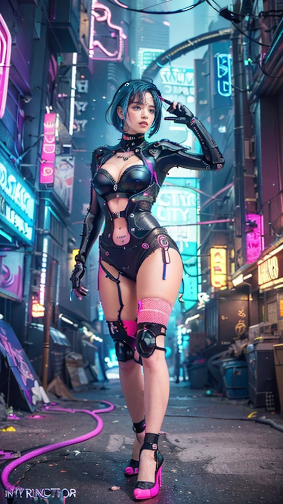 (Tabletop, Highest quality, Top quality, Official art, Beautiful, Aesthetic:1.2),(One girl:1.4),Full body,([pink|blue] hair:1.5),Highly detailed,(Fractal art:1.3),(Colorful:1.5),Best detail,(Mechanical mods:1.3),(Modified:1.2),Maiden,(Complex mechanical conduit inserted:1.5),Catheter,(Neon background:1.4),(Neon city:1.75),Night,(Gothic_Lolita:1.2),High heels,Make up,Blush,(Cyberpunk:1.4),((Watching the viewer:1.3)),Sofia Boutella, Brunette, Tan, Huge , Nikon D850 Film Stock Photos 4 Kodak Portra 400 Camera F1.6 Lenses, Rich colors, Ultra realistic textures, Dramatic lighting, UnrealEngine, Trending on Artstation, Cinestill 800,