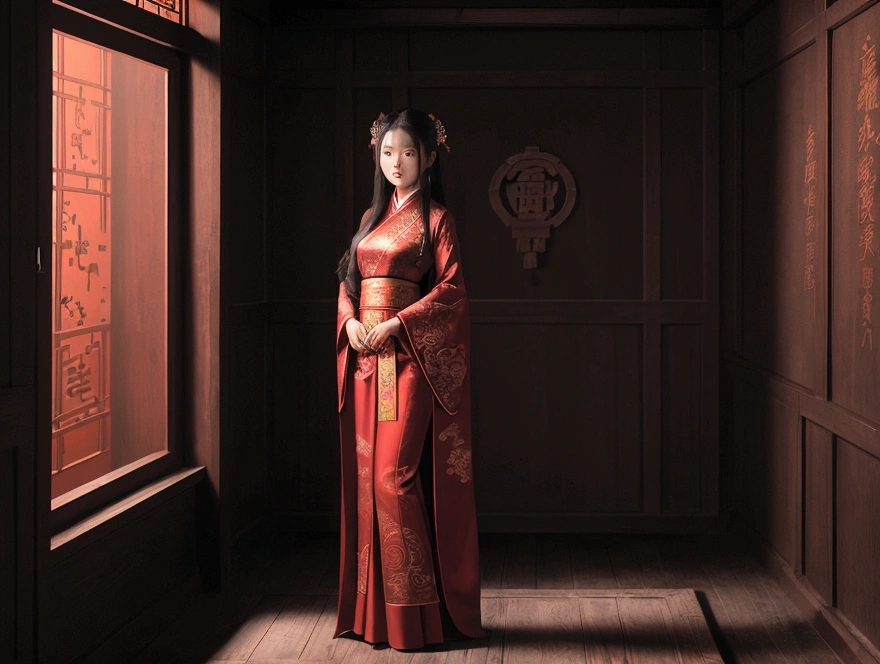A red clothed girl in an ancient Chinese style room, with dark tones and movie lighting effects. The wideangle lens captures her elegant posture on an antique staircase, surrounded by intricately carved railings. She wears a gorgeous Hanfu and stands under dim light. The panoramic photo shows her red and long red silk skirt, with her long hair adding to the mysterious night scene atmosphere. It is a high definition photography photo with high resolution details, captured in the style of a movie scene. --ar 4:5 --v 6.0