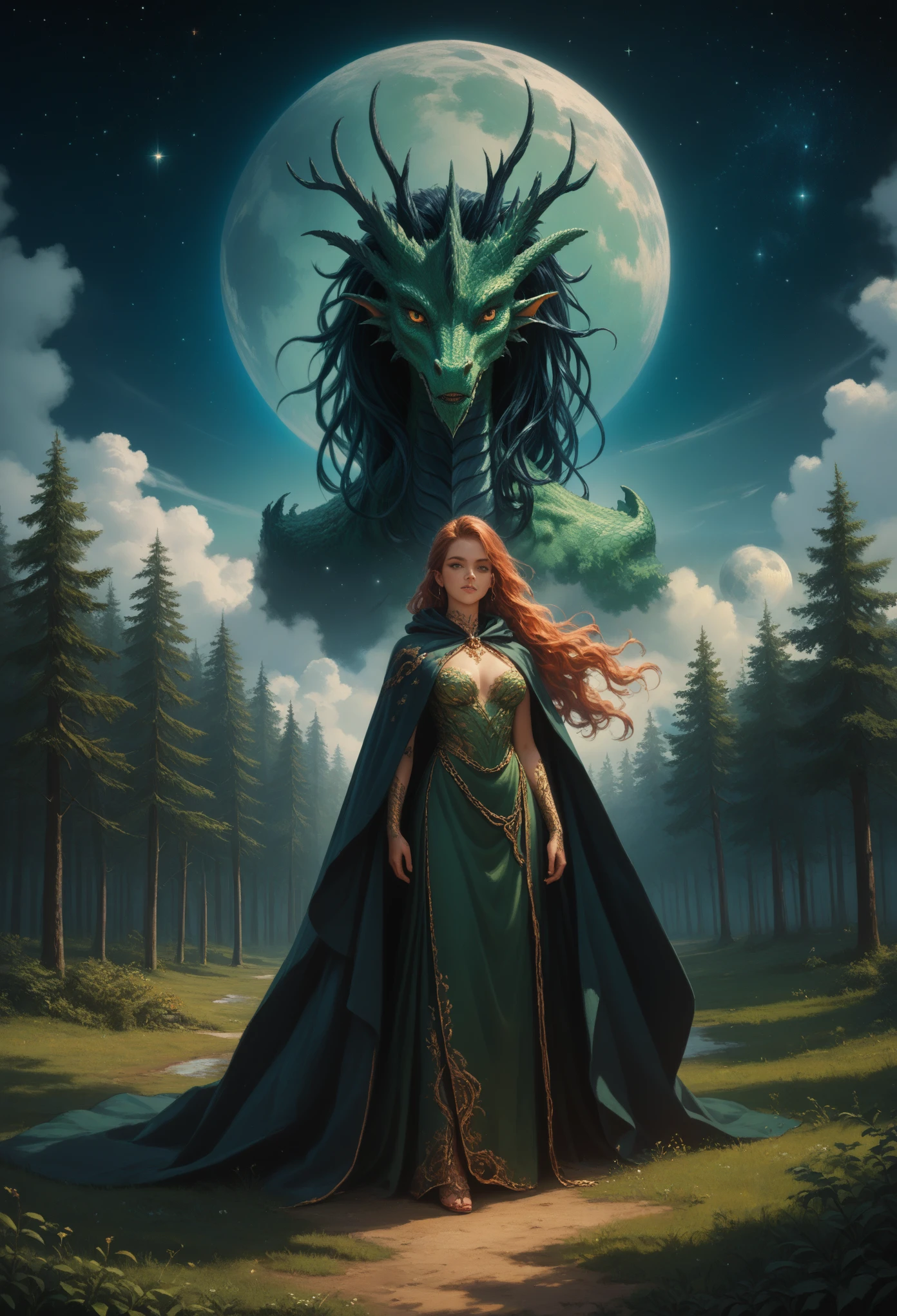 Young woman,A beautiful body,Breasts are larger than average,in the Right Hand(the chain wraps around and twists in gold color),left hand(dragon tattoo,Black Red Color),Body parts are visible,Beautiful Appearance,Long Hair Two Colors(Green & Pink),full height,bright colors,nebula,a mystic,Forest Thicket,cloak,The wind develops the wind a little,clear detail,Full drawing of the painting,Maximum Detail,Nocturnal moths,The young moon is shining,Captivates and never takes your eyes off,masterpiece,full height