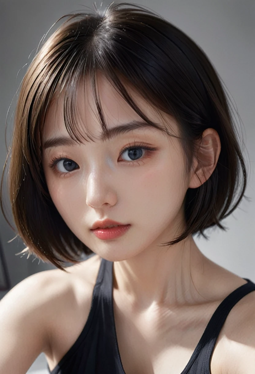 photorealistic, Photography ,BREAK, short hair woman, taking a (selfie:1.5) , (black T-shirts), on the sofa in simple bedroom , white background, (short hair), BREAK, 8k , LAW , best-quality, masterpiece, hyper realistic detail shiny skin , natural shading , realistic shadow, BREAK (hyper realistic detail shiny skin, detailed skin, detailed hair, ultra sharpness, intricate details), perfect anatomy