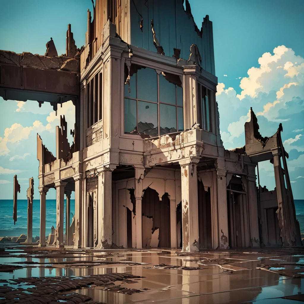 Best illustrations、Best Quality、(No humans、Background only)、((((Sea of mud、Brown Sea、Broken ruins))))、From below