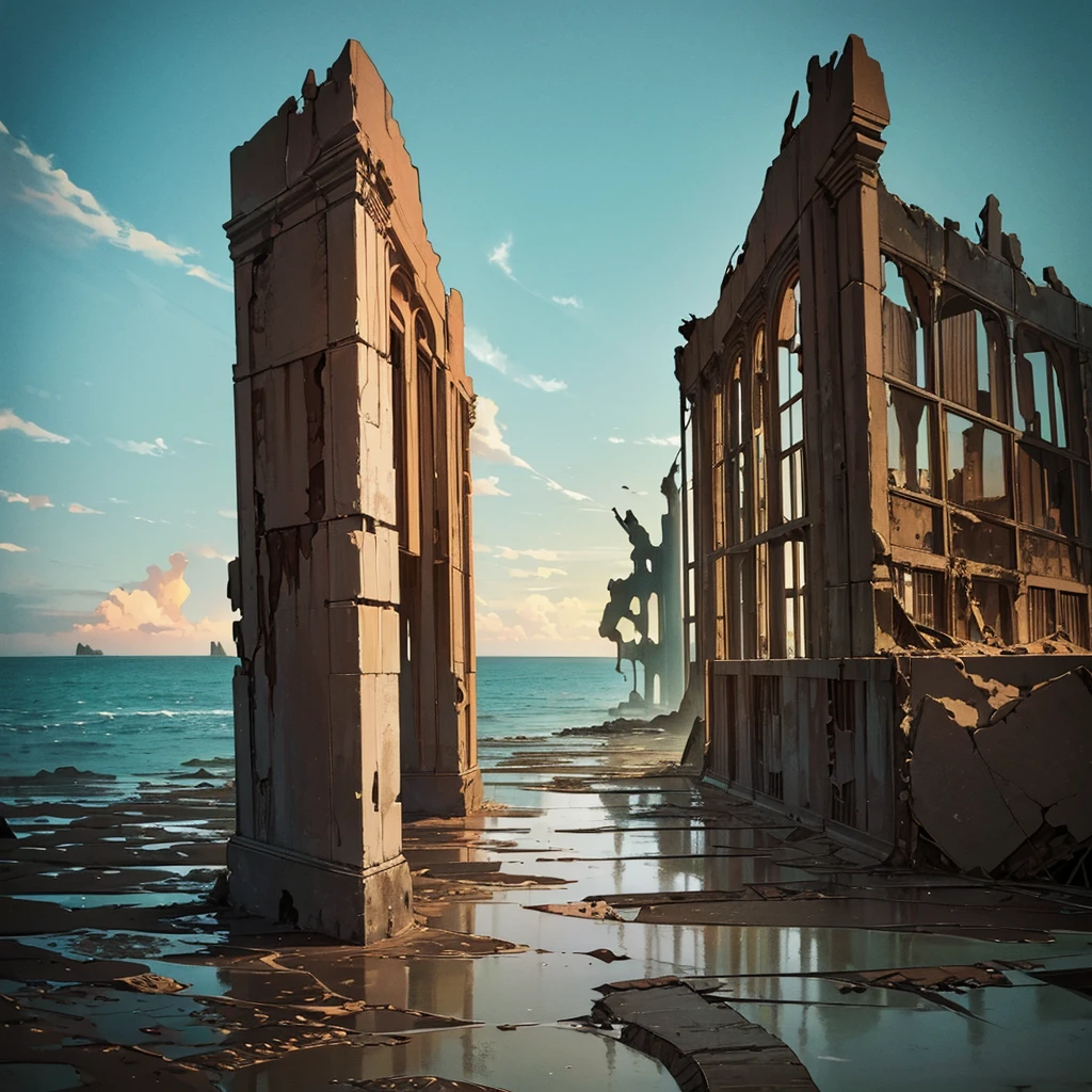 Best illustrations、Best Quality、(No humans、Background only)、((((Sea of mud、Brown Sea、Broken ruins))))、From below