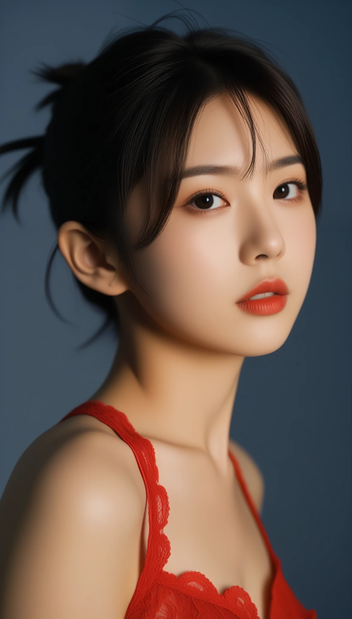 8k, Ultra-high resolution, Highest quality, masterpiece, 三分割法によるphotograph,Surreal, photograph, 1 Girl, (:1.3), pretty girl, Cute Face, Beautiful eyes in every detail, 細かくdetailedに,masterpiece,One Girl:1.2,Japanese female announcer,cowboy shot,disgust,Black short hair,Messy bun hair,Red lace lingerie, See through, Look forward, Standing posture, Opposition, Dynamic Lighting, Sharp contours, Light from above, Low contrast, (Side view),Perfect and beautiful face ,完璧でCute Face, Skin with attention to detail, Perfect limbs、Narrow waist,Looking at the audience,(((Ideal body type))),A cup small breasts :2,Portraiture:2,Perfect Anatomy,鮮明なdetailed,detailed,Surreal,Light and shadow,spotlight