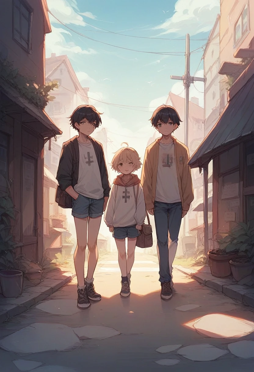 Siblings, 2 persons, cross the road